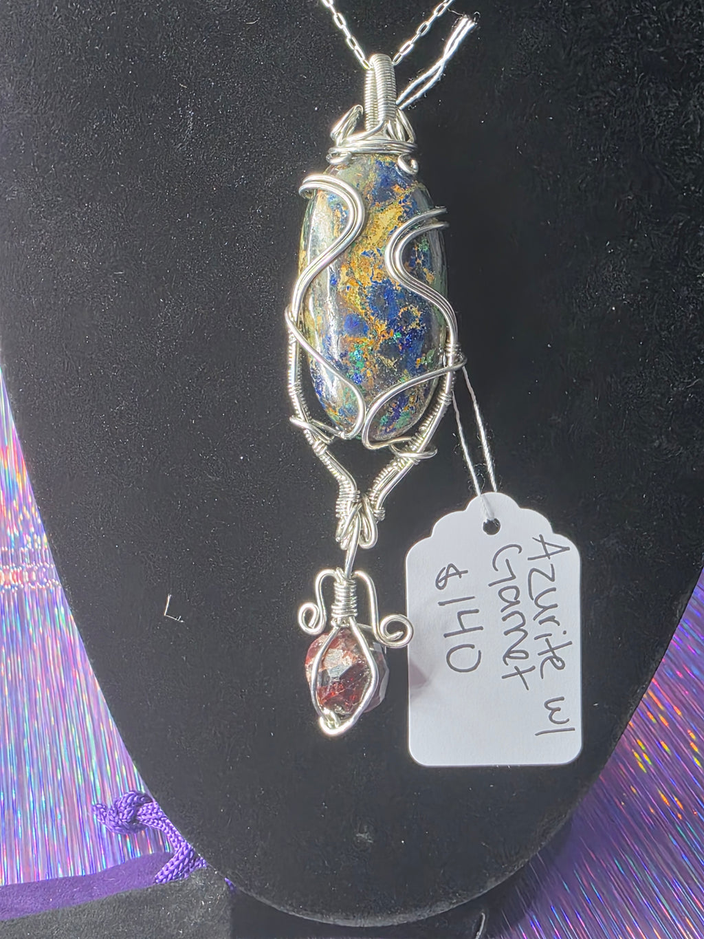 Large Oval Azurite Pendant with Raw Garnet Dangle