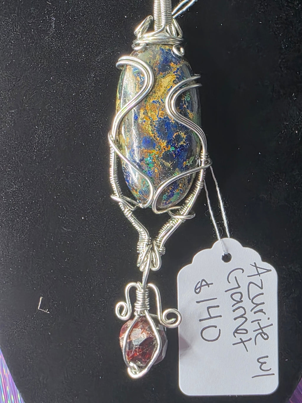 Large Oval Azurite Pendant with Raw Garnet Dangle