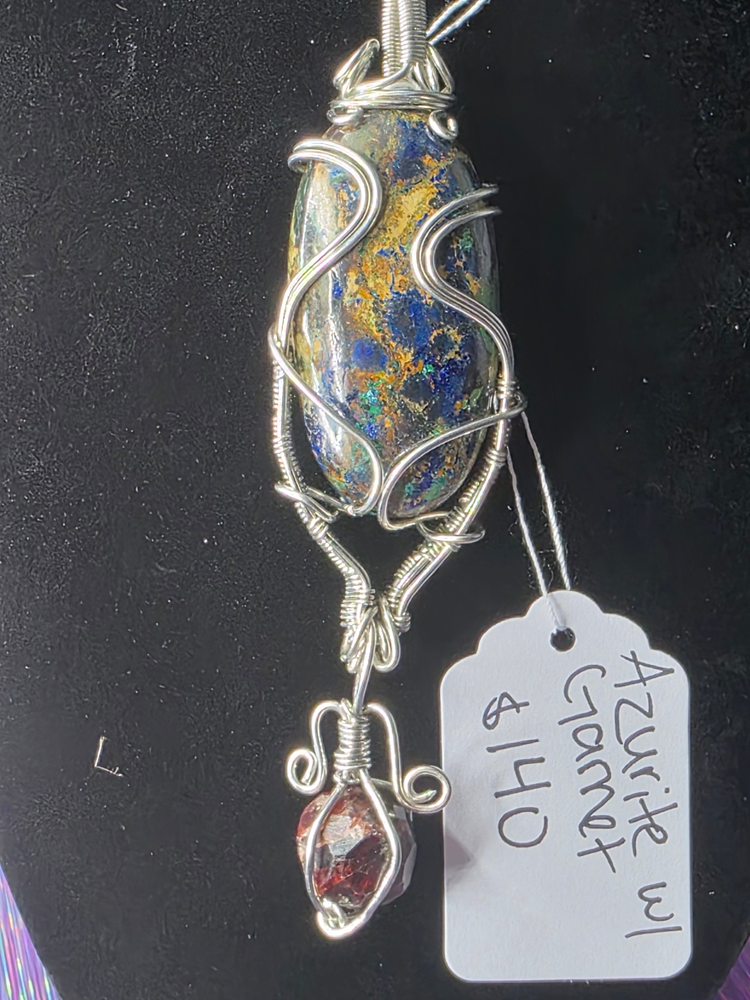 Large Oval Azurite Pendant with Raw Garnet Dangle