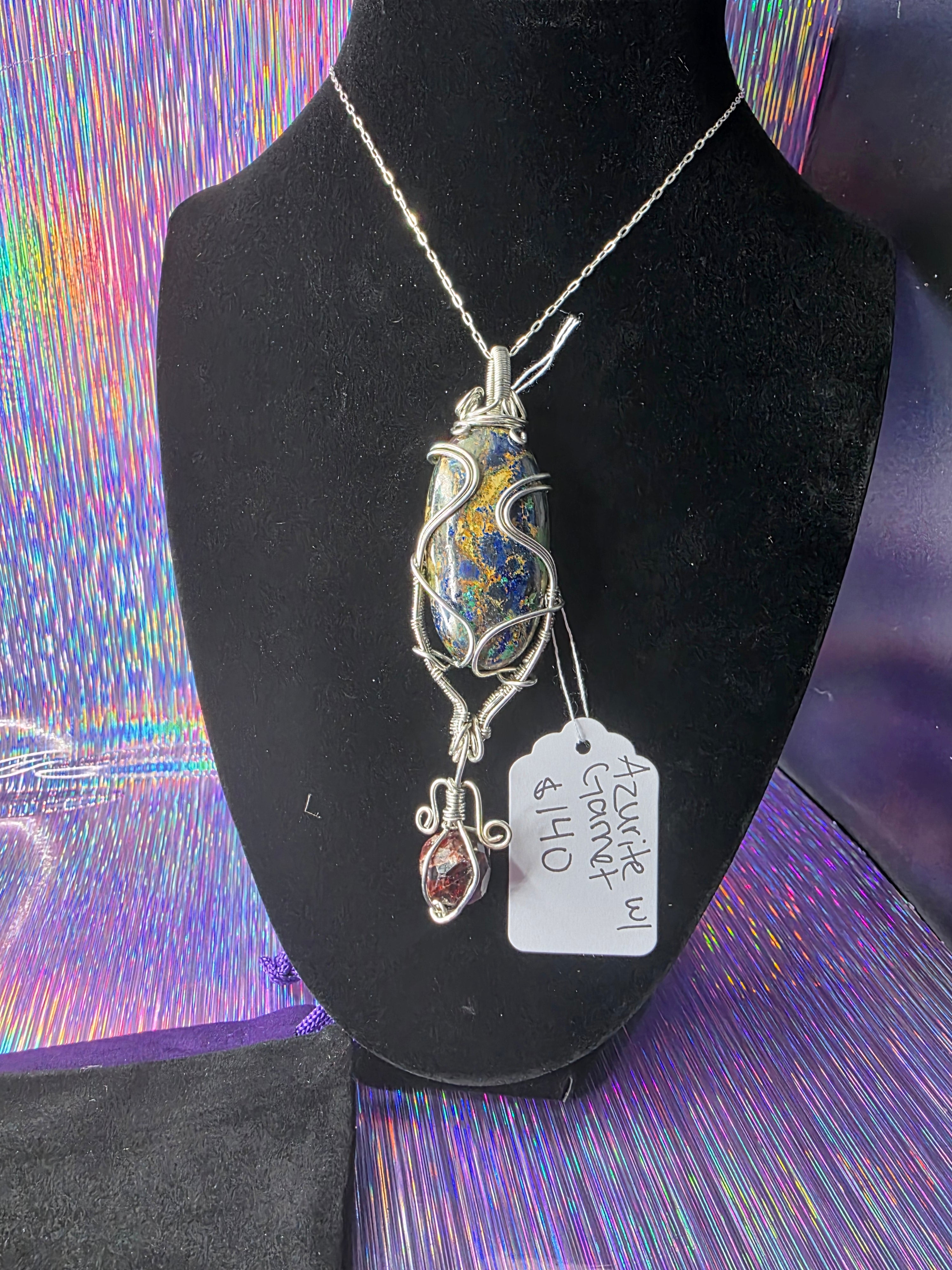 Large Oval Azurite Pendant with Raw Garnet Dangle