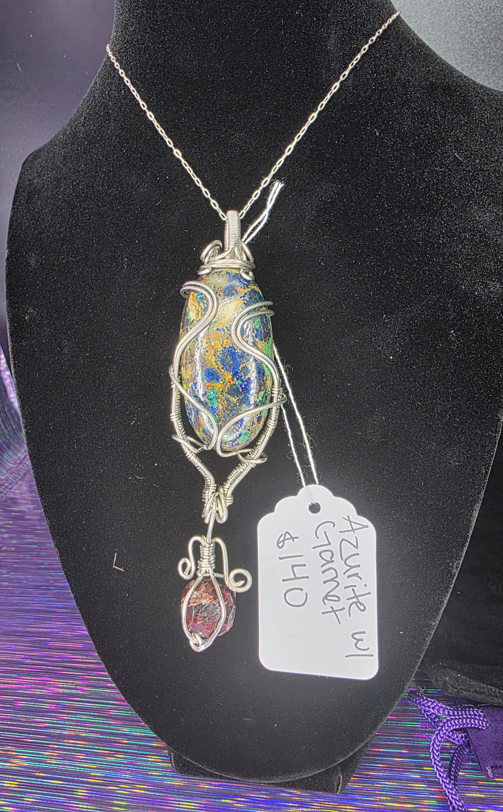 Large Oval Azurite Pendant with Raw Garnet Dangle