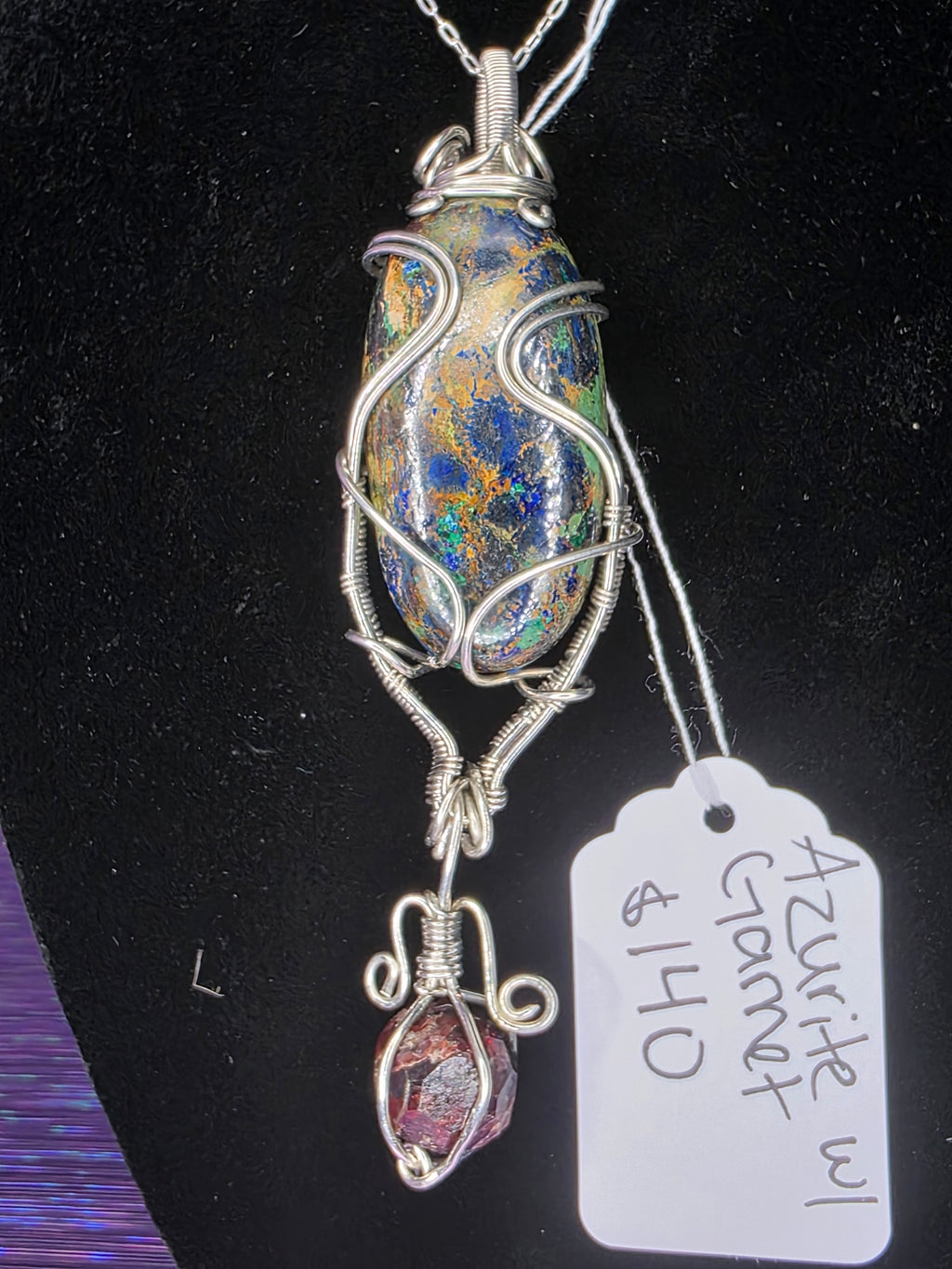 Large Oval Azurite Pendant with Raw Garnet Dangle