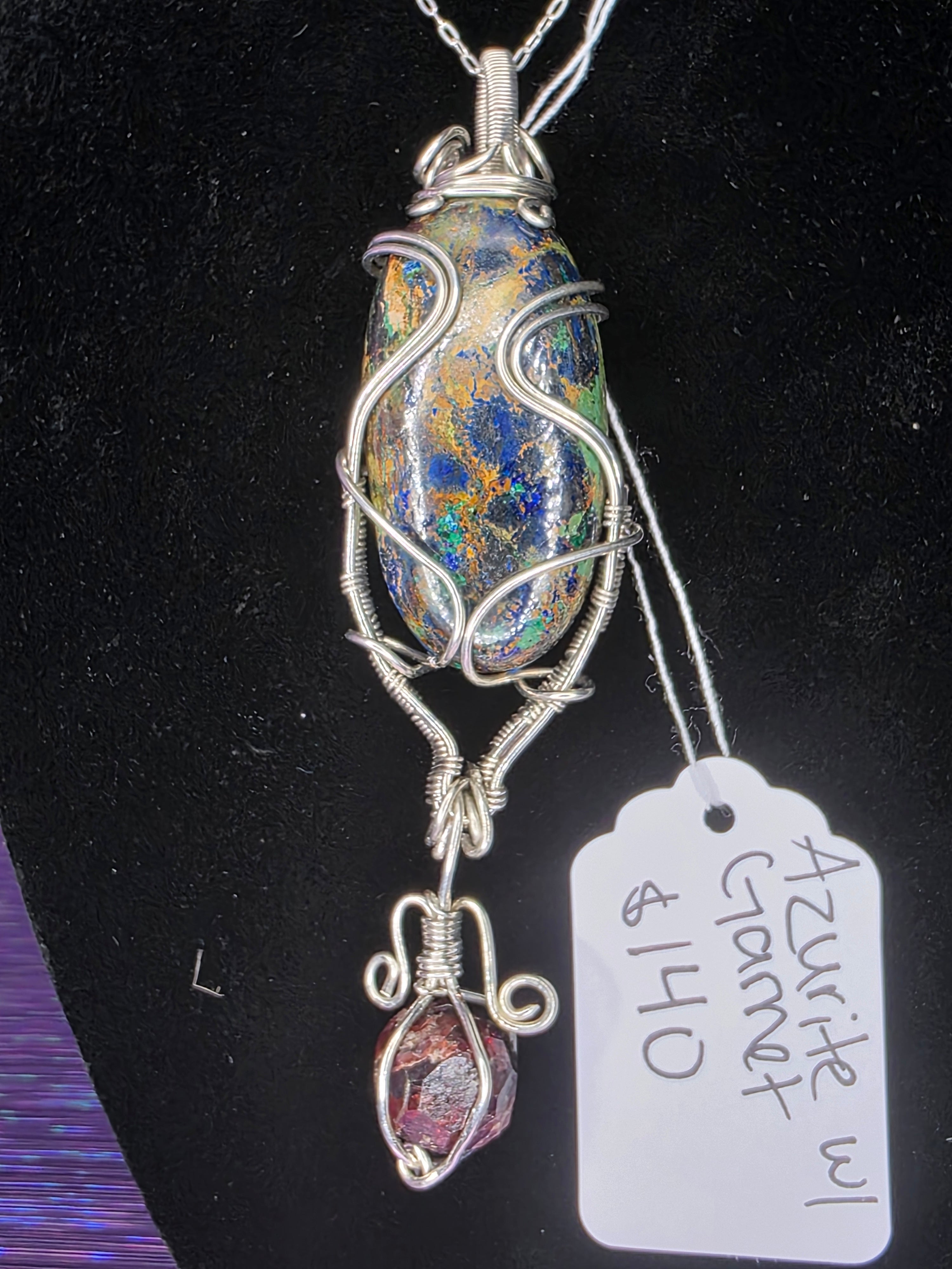 Large Oval Azurite Pendant with Raw Garnet Dangle