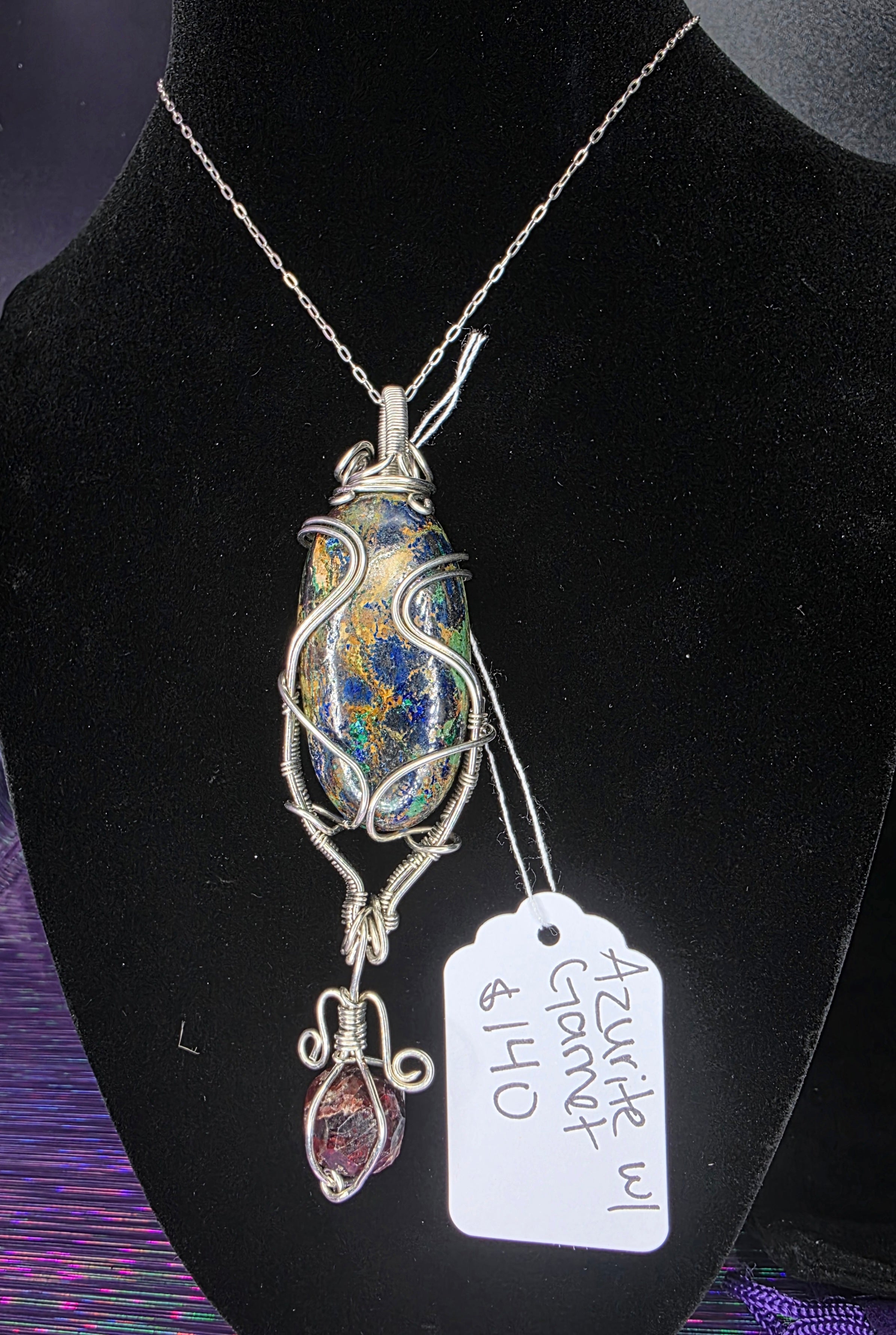 Large Oval Azurite Pendant with Raw Garnet Dangle