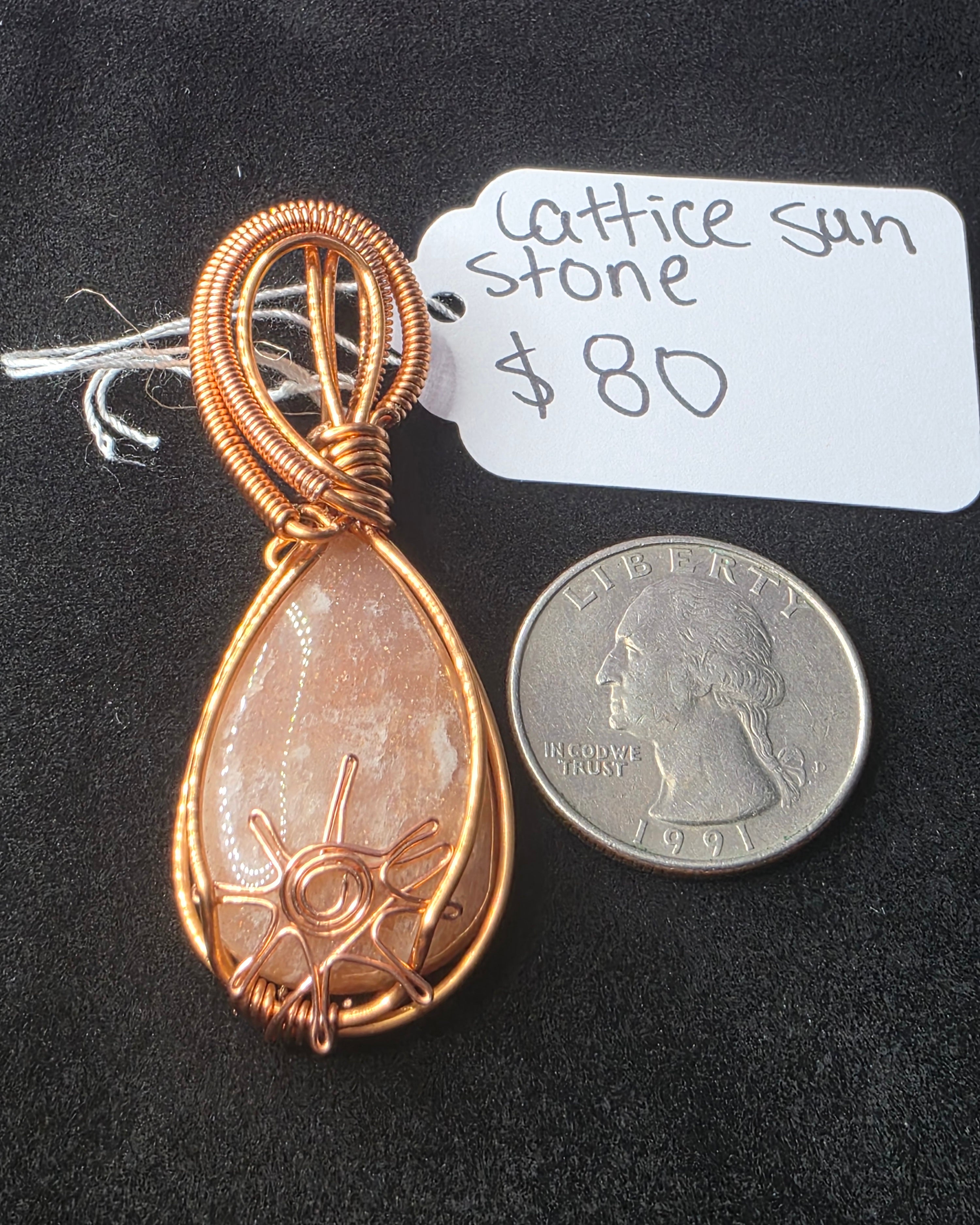 Lattice Sunstone Teardrop Pendant with Sun Adornment