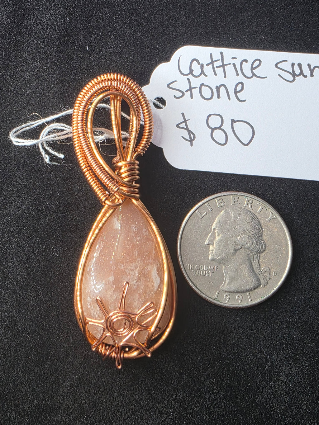 Lattice Sunstone Teardrop Pendant with Sun Adornment