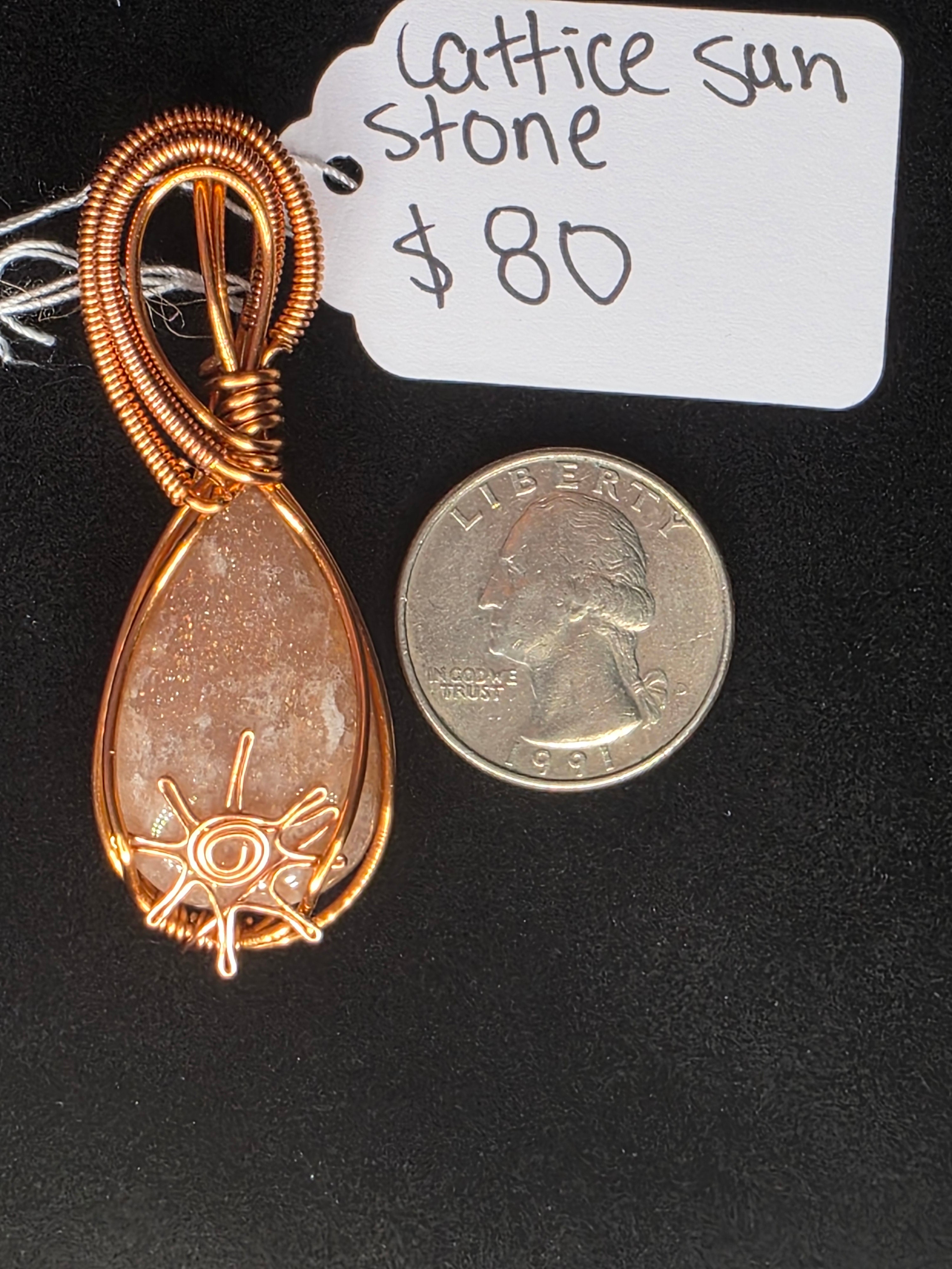 Lattice Sunstone Teardrop Pendant with Sun Adornment