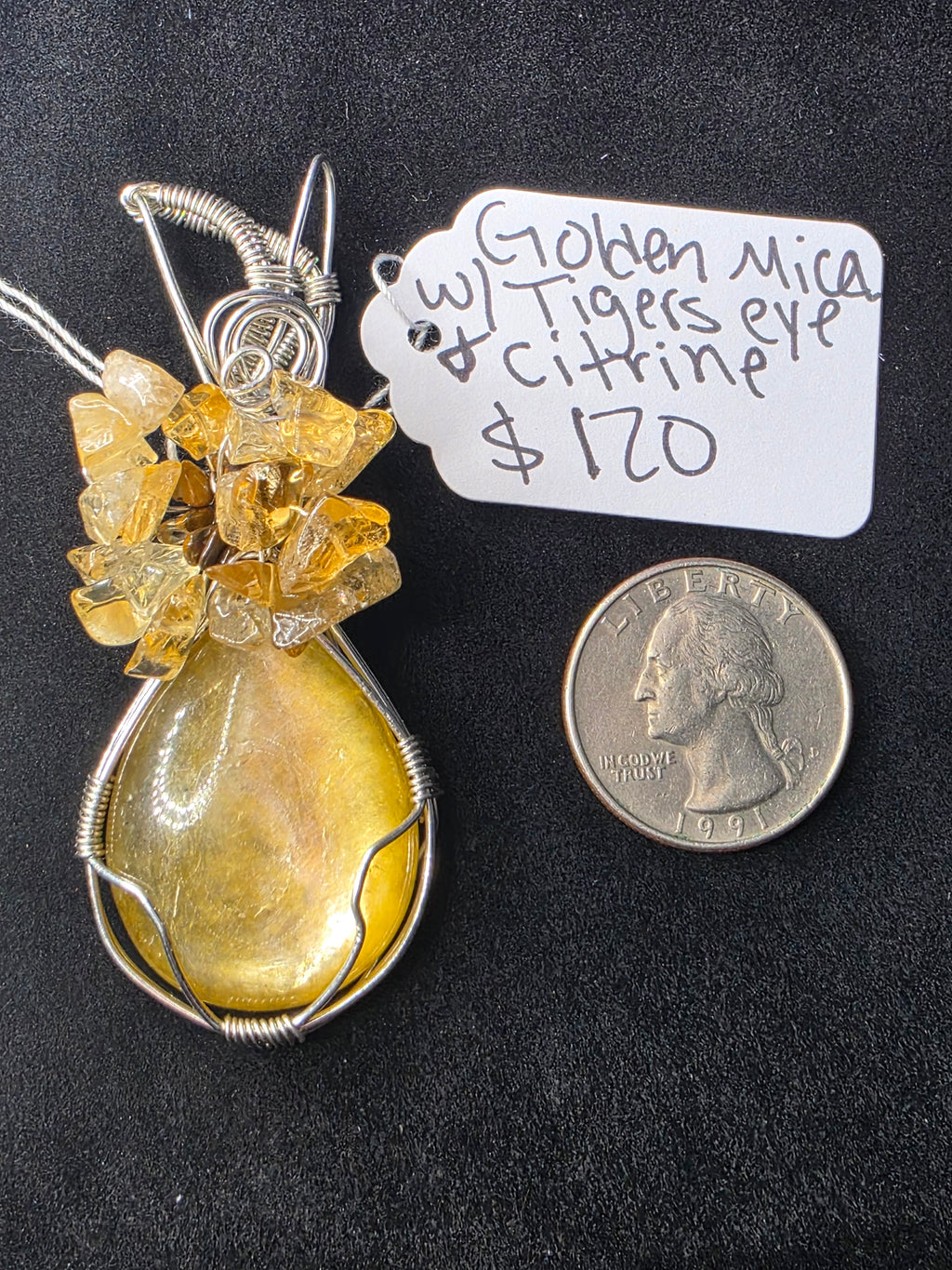 Golden Mica Teardrop Pendant with Tiger's Eye & Citrine Flower