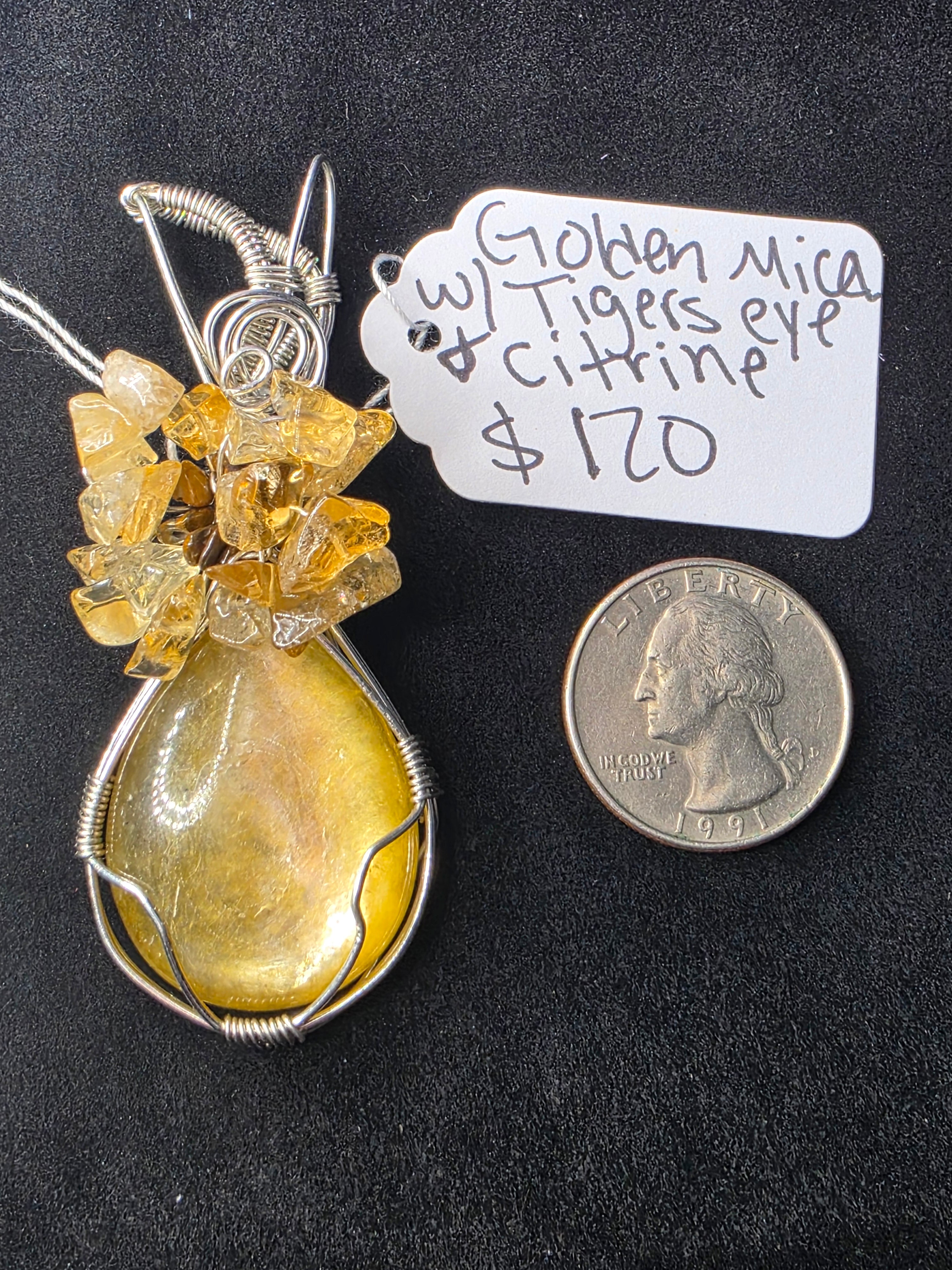 Golden Mica Teardrop Pendant with Tiger's Eye & Citrine Flower