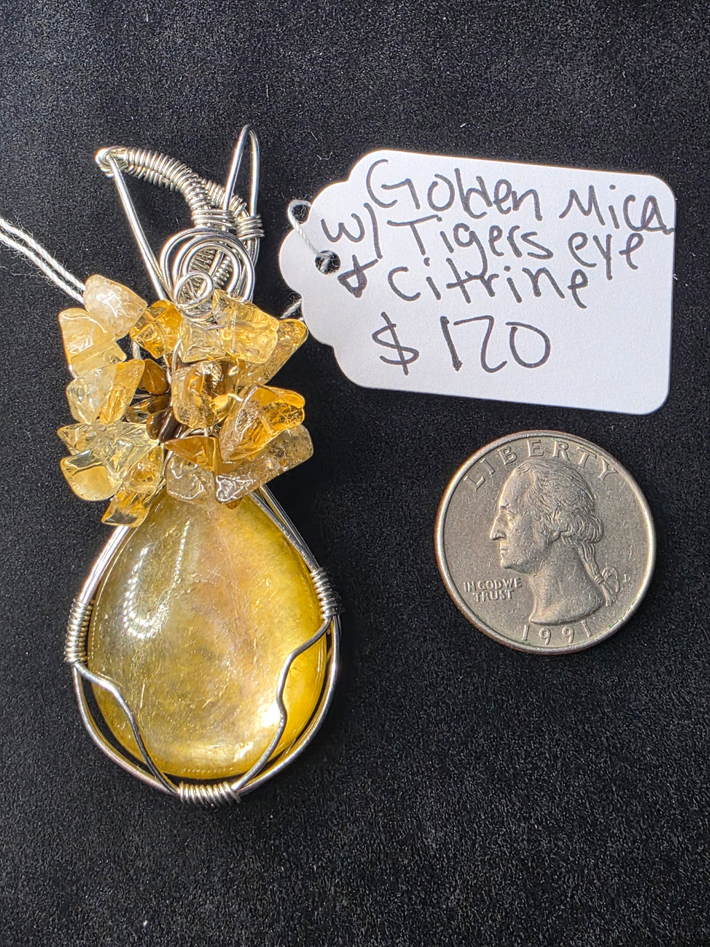 Golden Mica Teardrop Pendant with Tiger's Eye & Citrine Flower