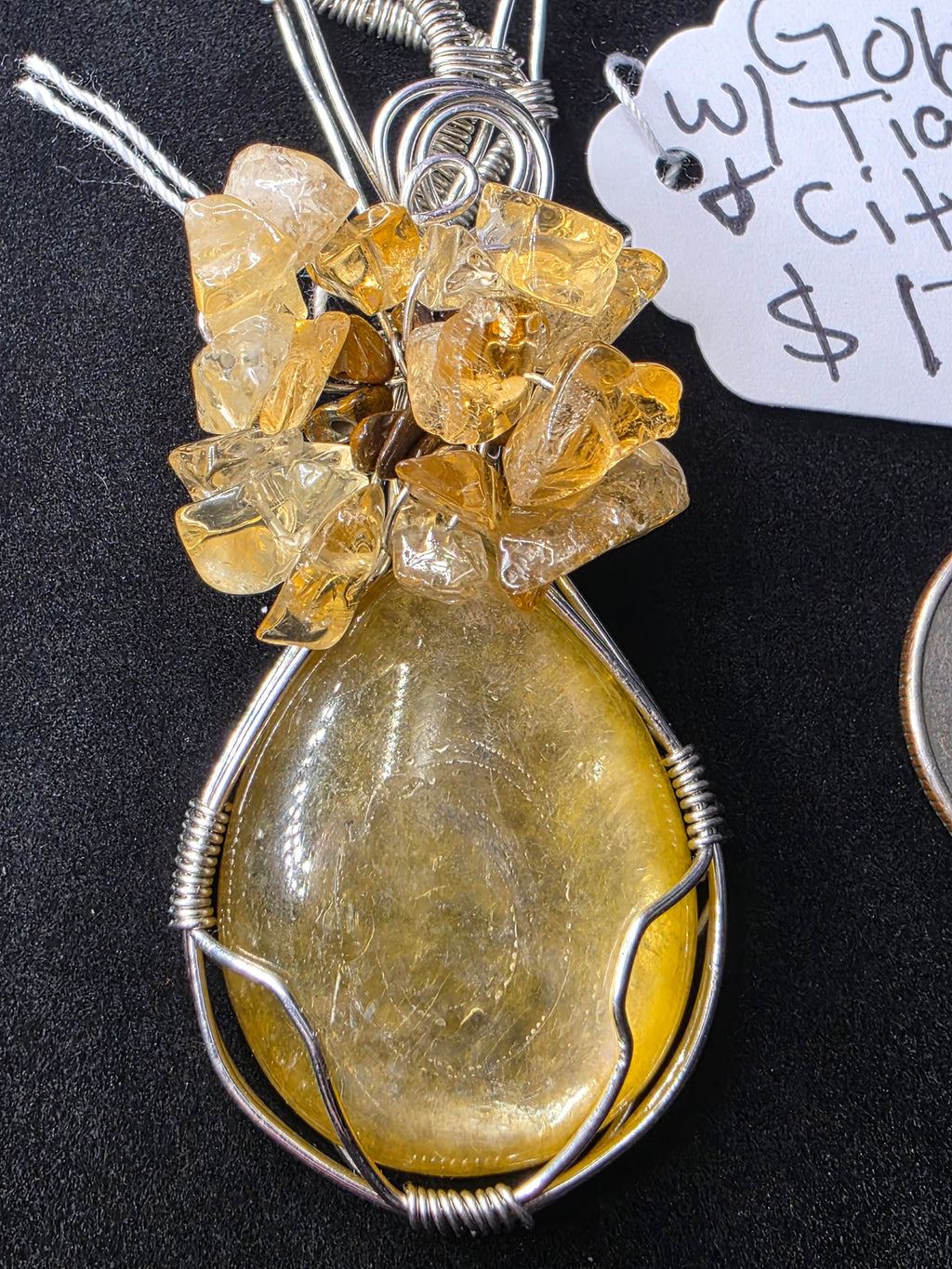 Golden Mica Teardrop Pendant with Tiger's Eye & Citrine Flower