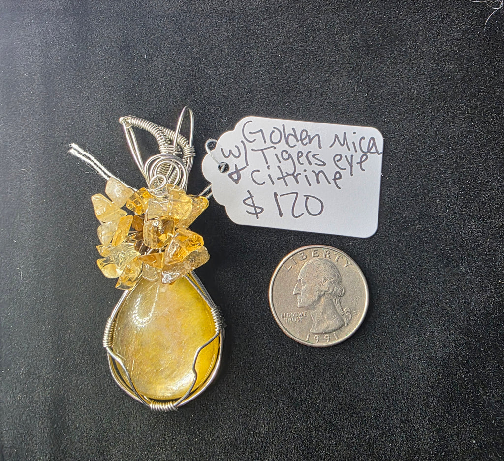 Golden Mica Teardrop Pendant with Tiger's Eye & Citrine Flower