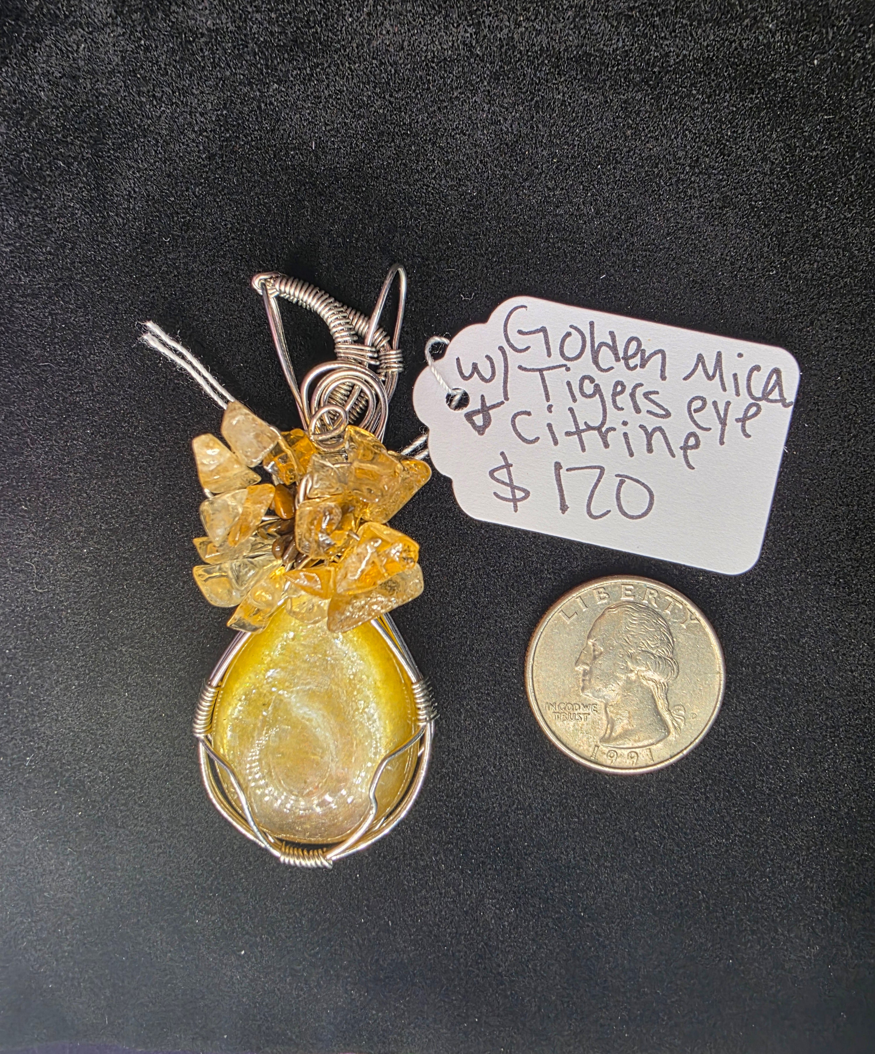 Golden Mica Teardrop Pendant with Tiger's Eye & Citrine Flower
