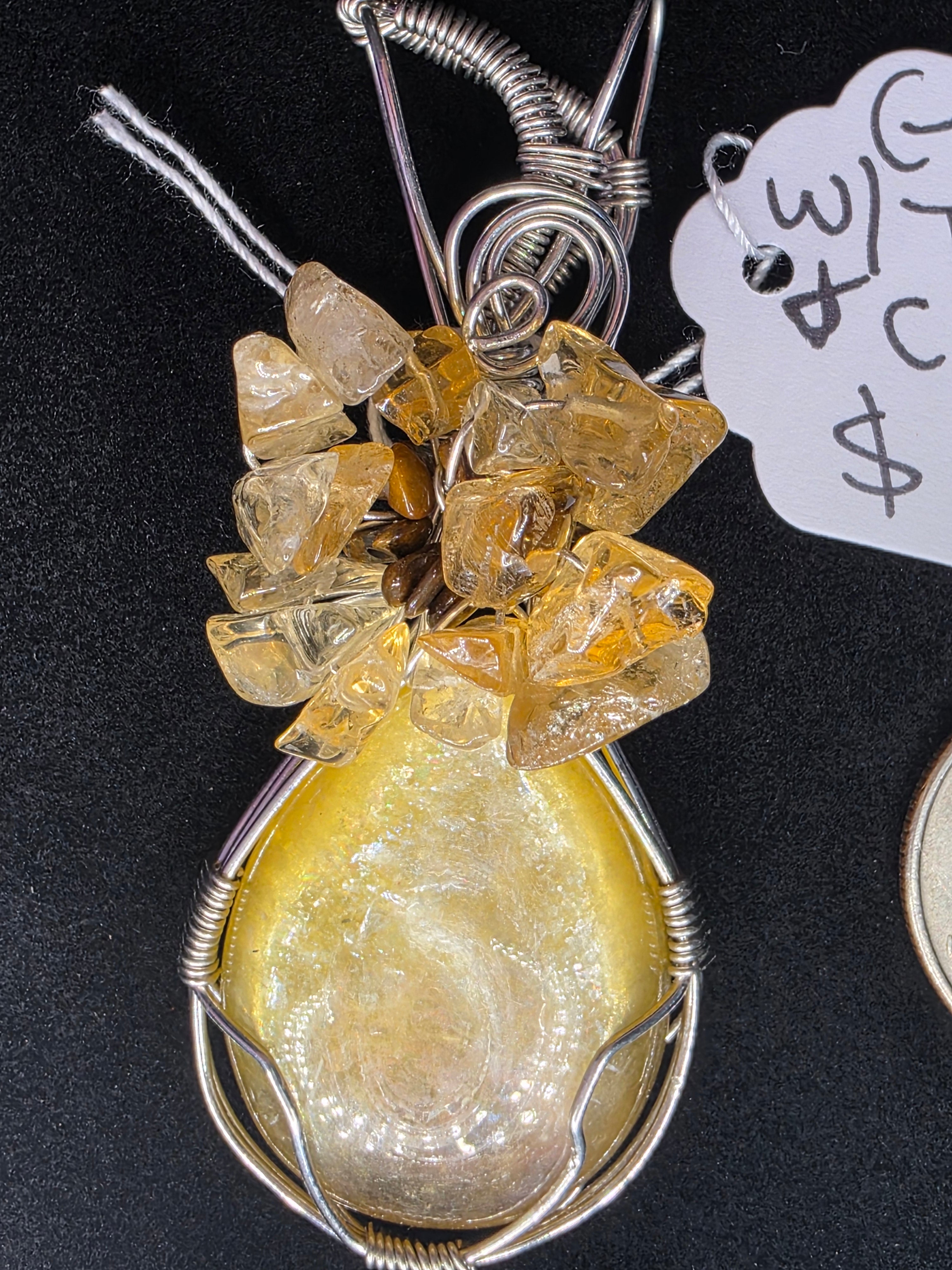 Golden Mica Teardrop Pendant with Tiger's Eye & Citrine Flower