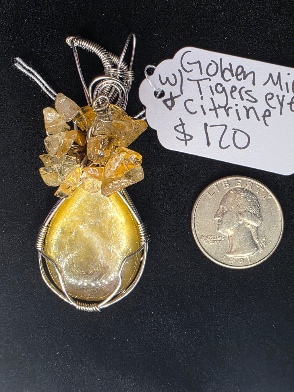 Golden Mica Teardrop Pendant with Tiger's Eye & Citrine Flower