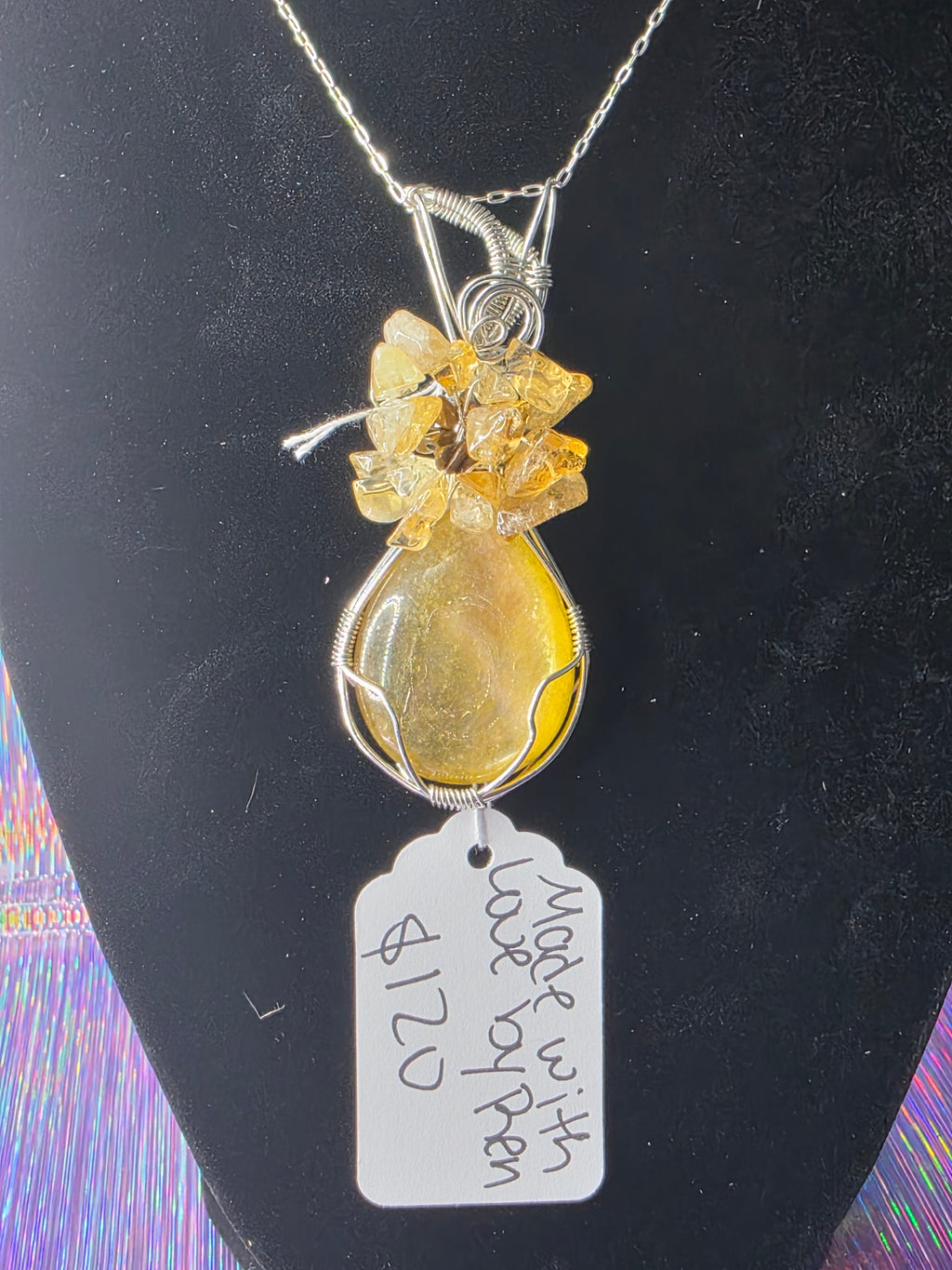 Golden Mica Teardrop Pendant with Tiger's Eye & Citrine Flower