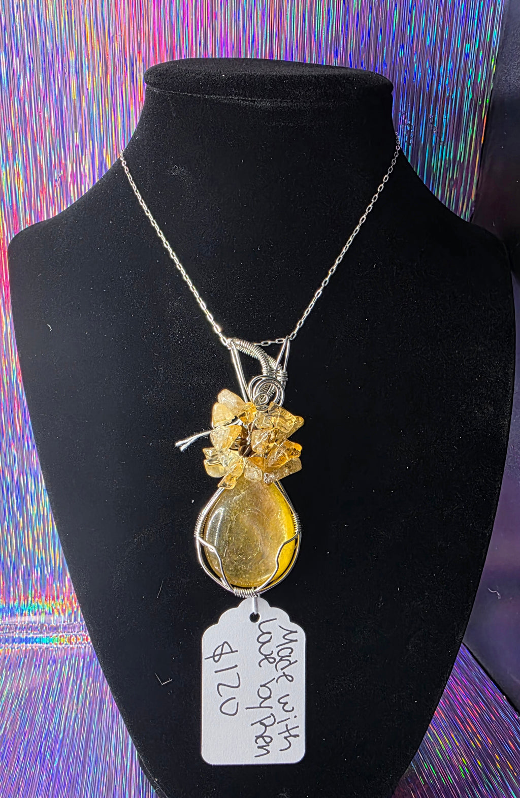Golden Mica Teardrop Pendant with Tiger's Eye & Citrine Flower