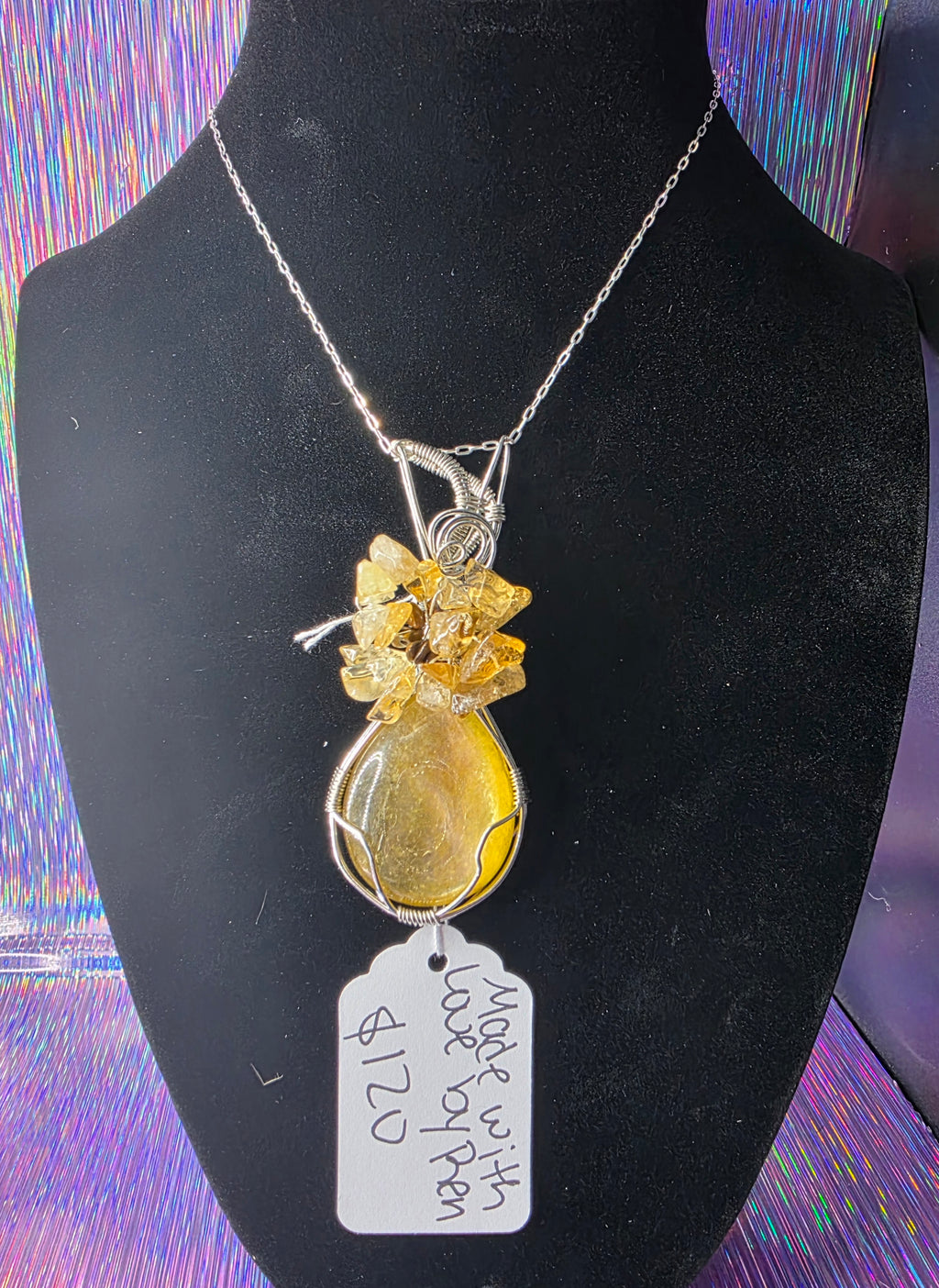 Golden Mica Teardrop Pendant with Tiger's Eye & Citrine Flower