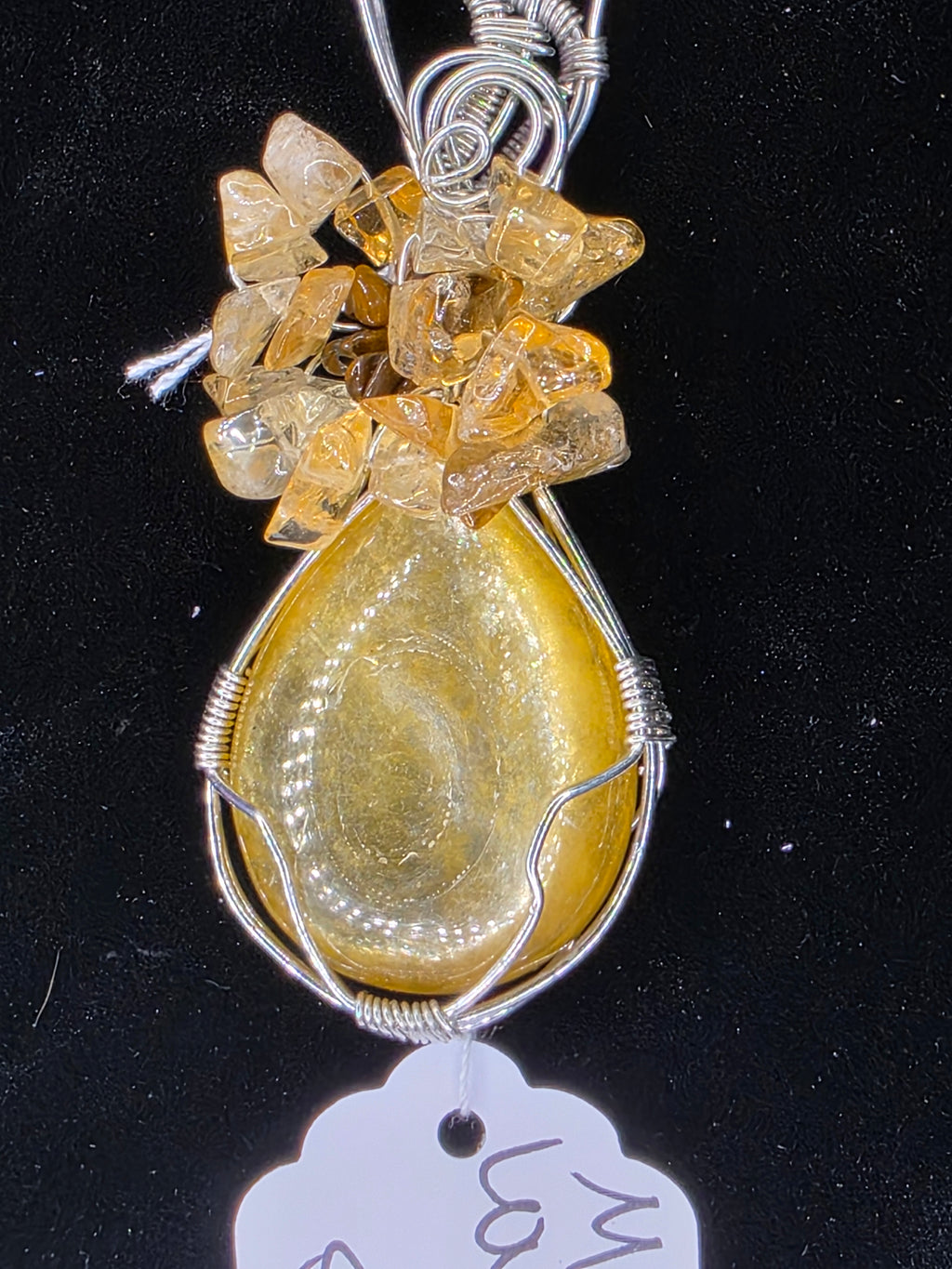 Golden Mica Teardrop Pendant with Tiger's Eye & Citrine Flower