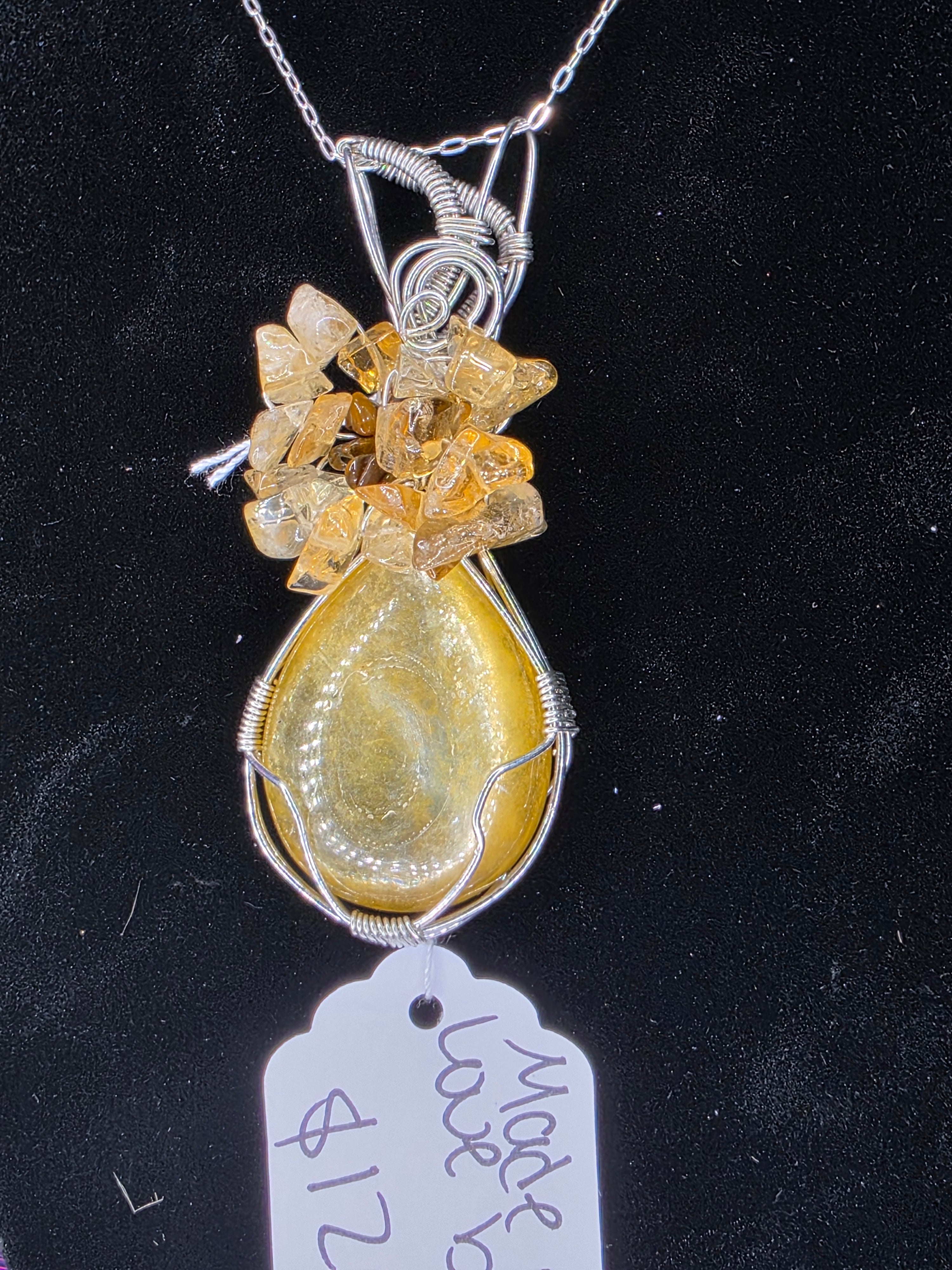 Golden Mica Teardrop Pendant with Tiger's Eye & Citrine Flower