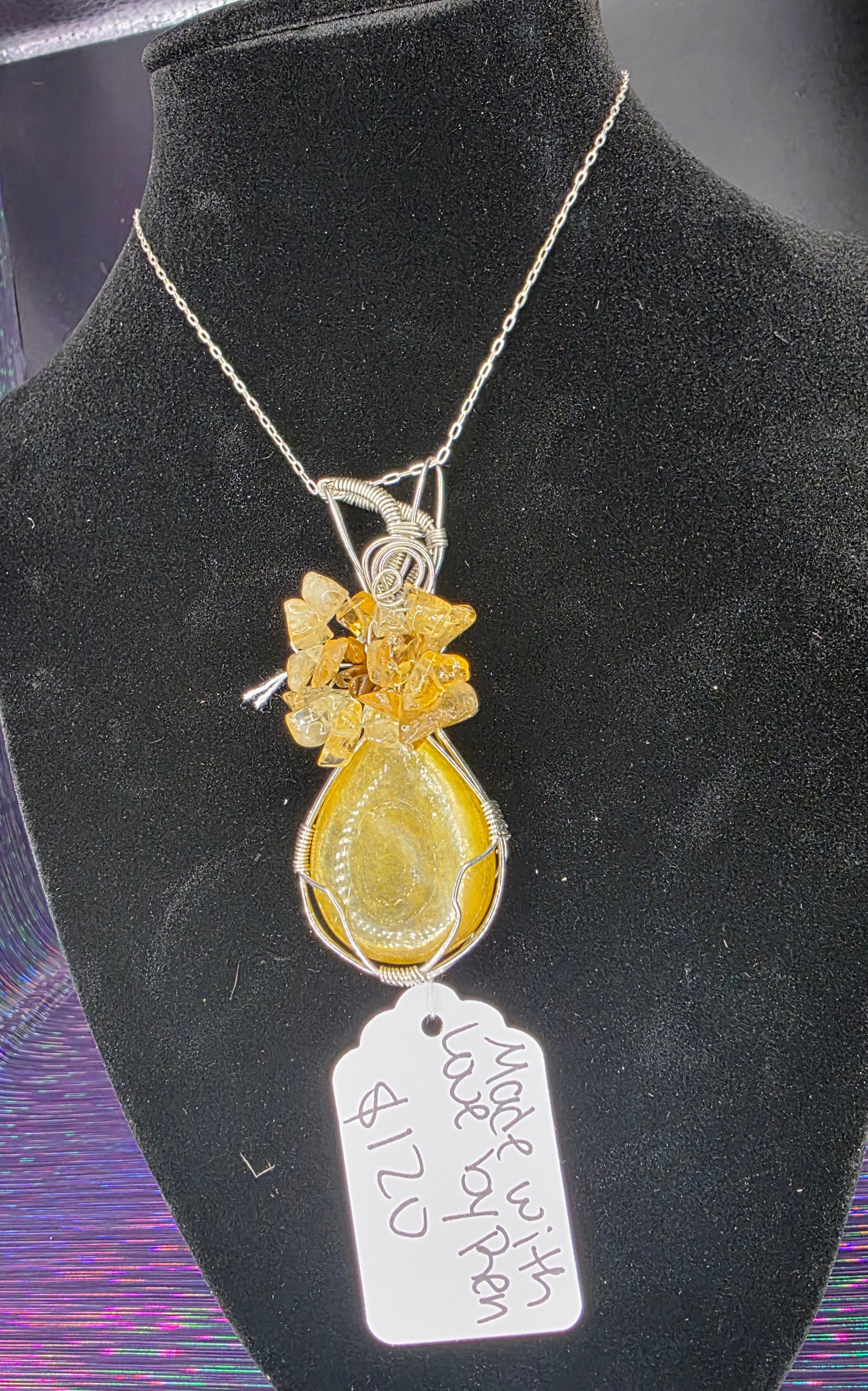 Golden Mica Teardrop Pendant with Tiger's Eye & Citrine Flower