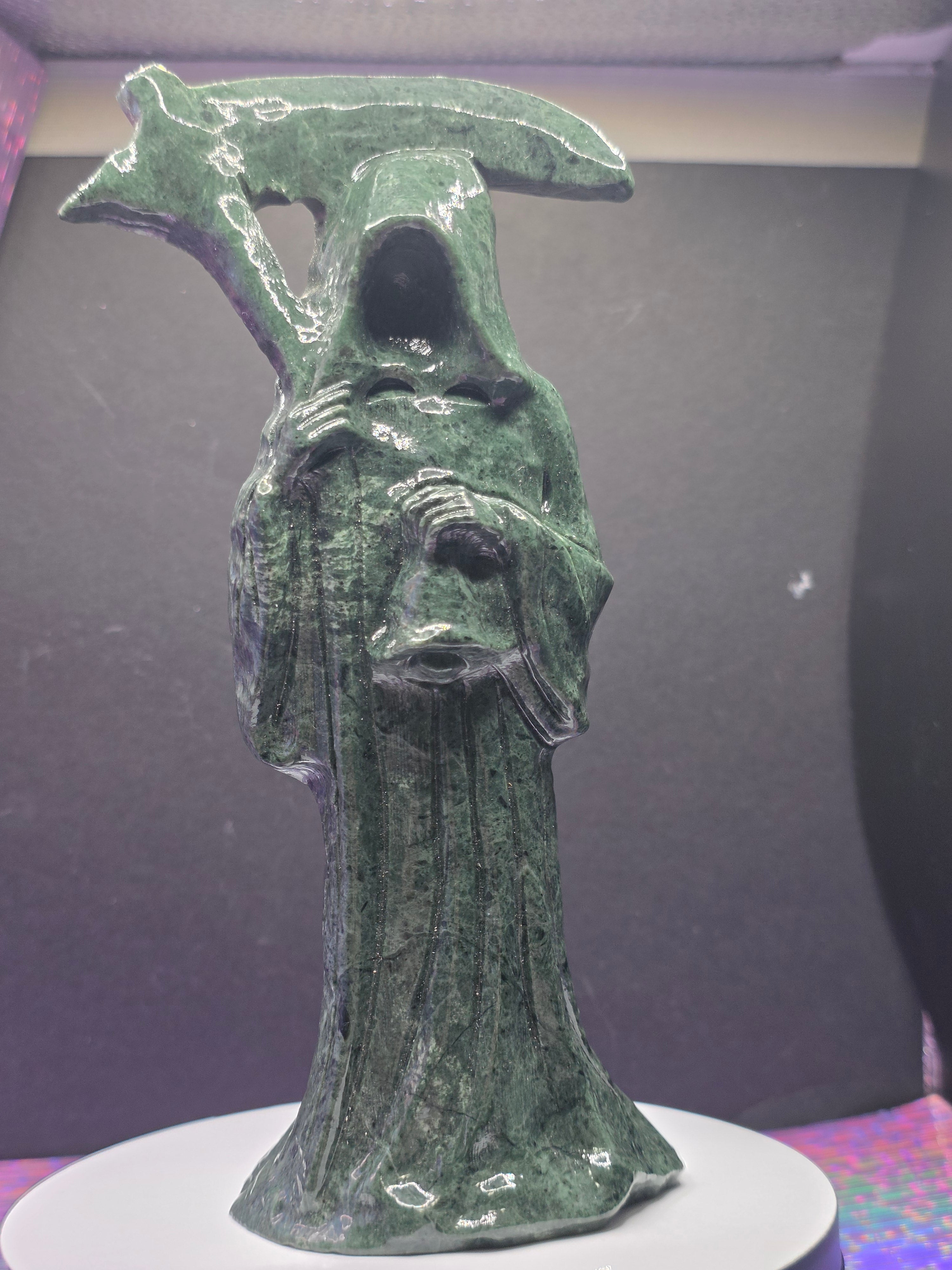 Tall Green Nephrite Jade Grim Reaper with Scythe