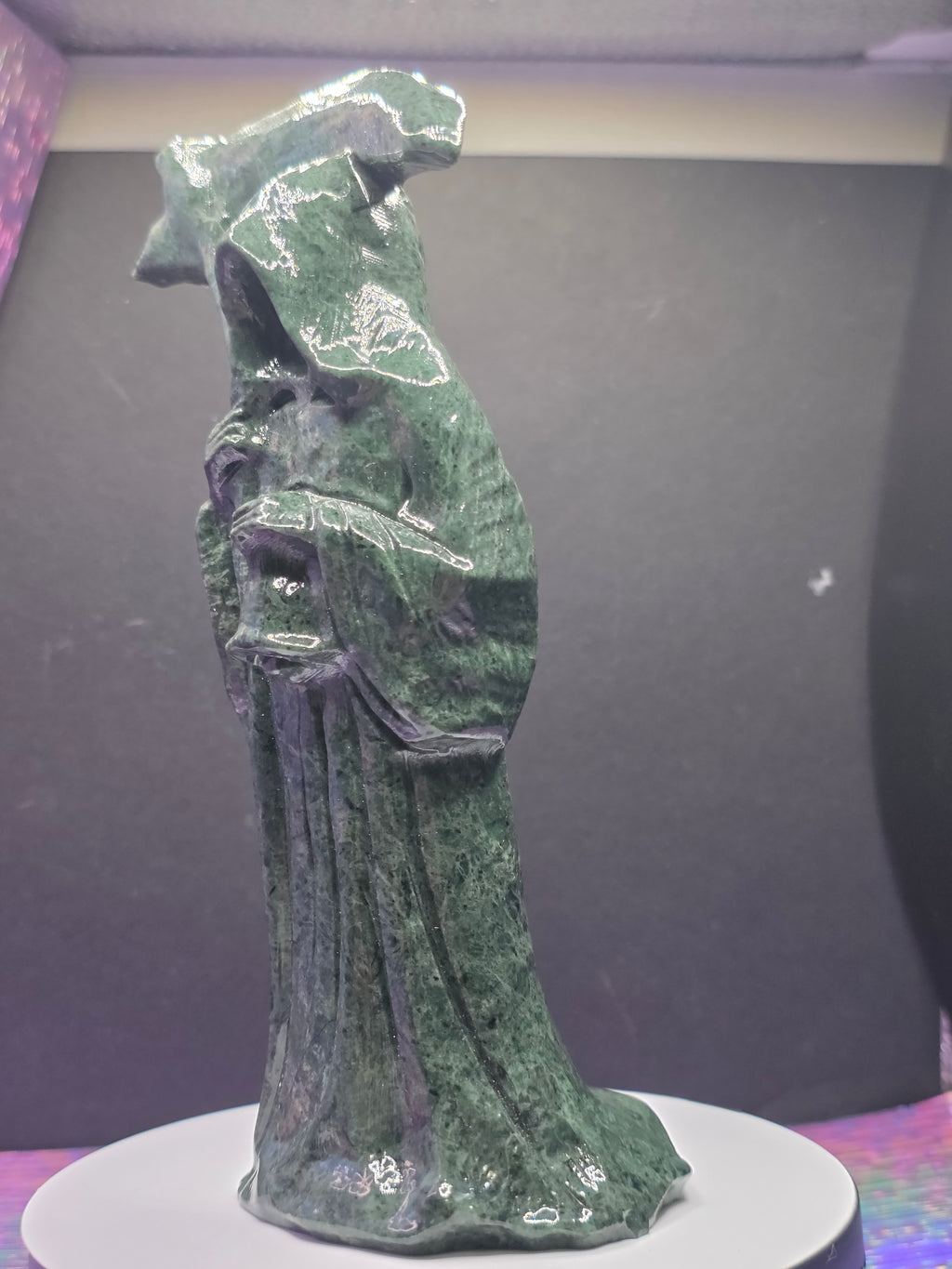 Tall Green Nephrite Jade Grim Reaper with Scythe