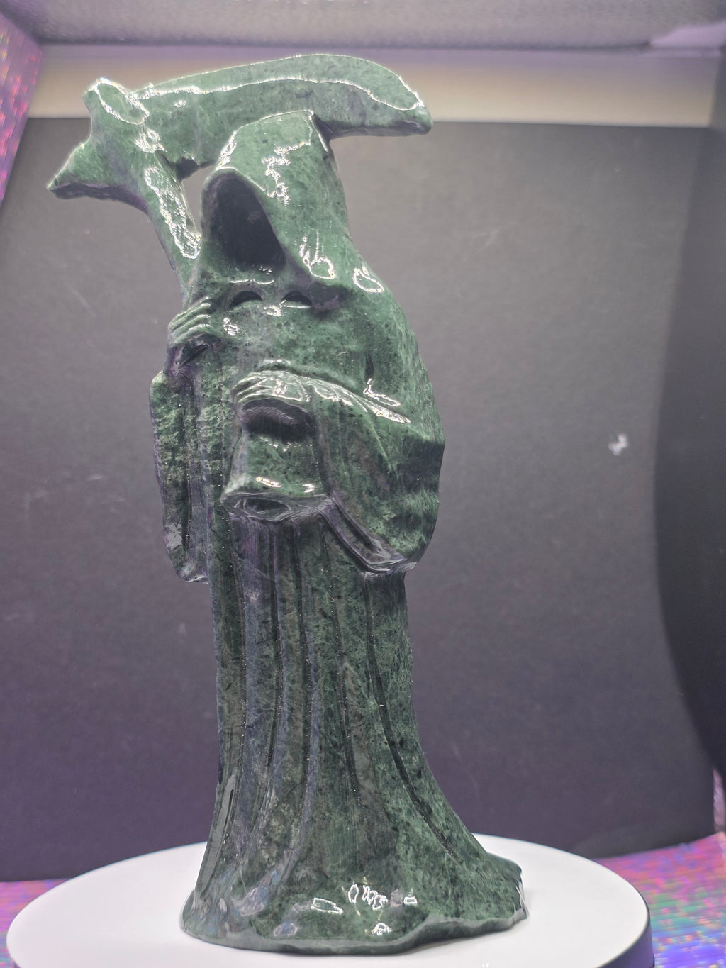 Tall Green Nephrite Jade Grim Reaper with Scythe