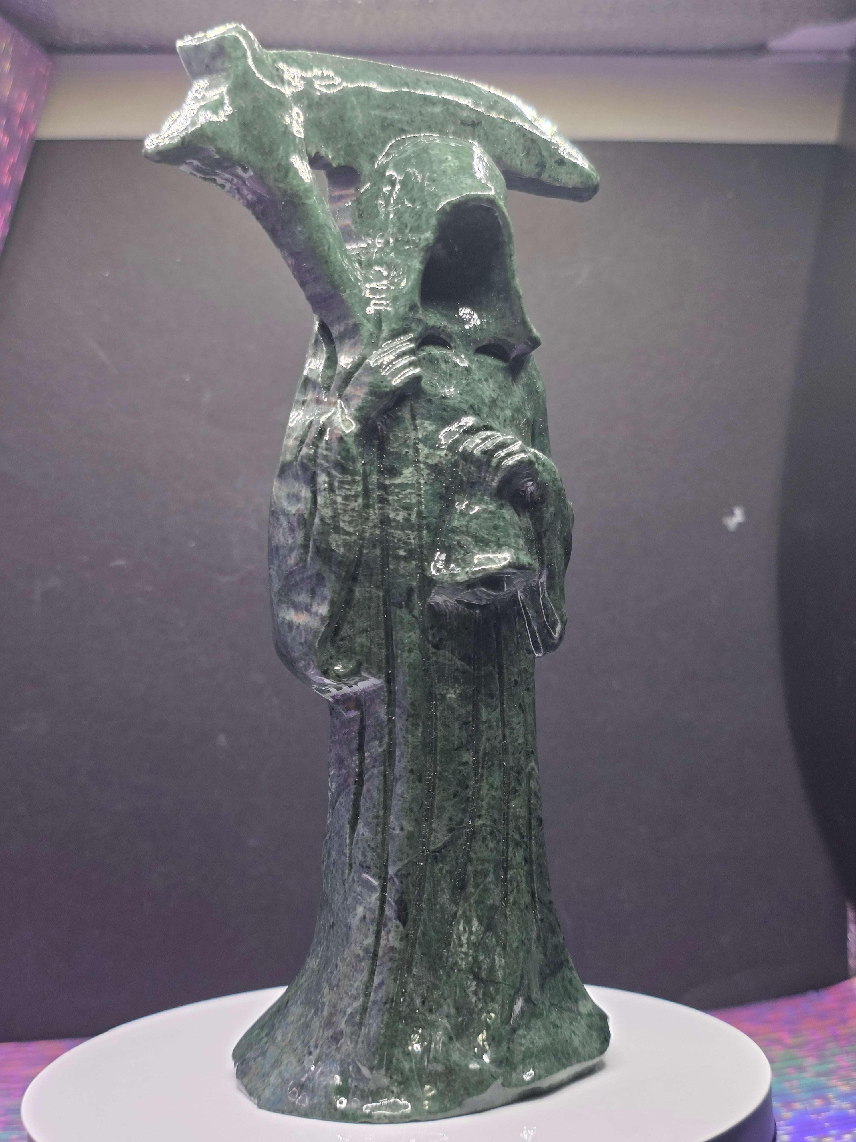 Tall Green Nephrite Jade Grim Reaper with Scythe