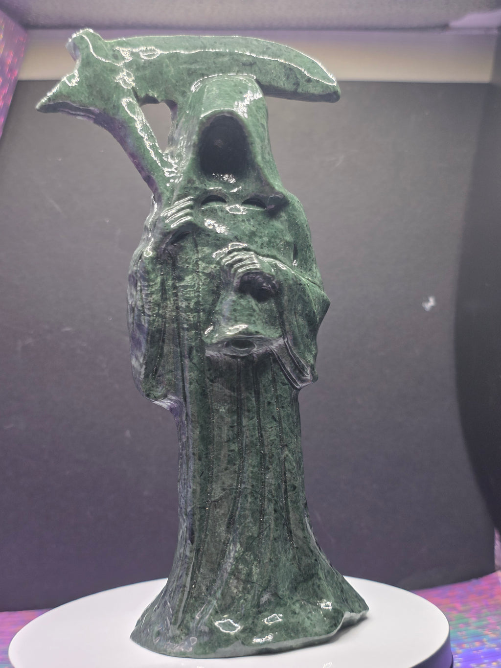 Tall Green Nephrite Jade Grim Reaper with Scythe