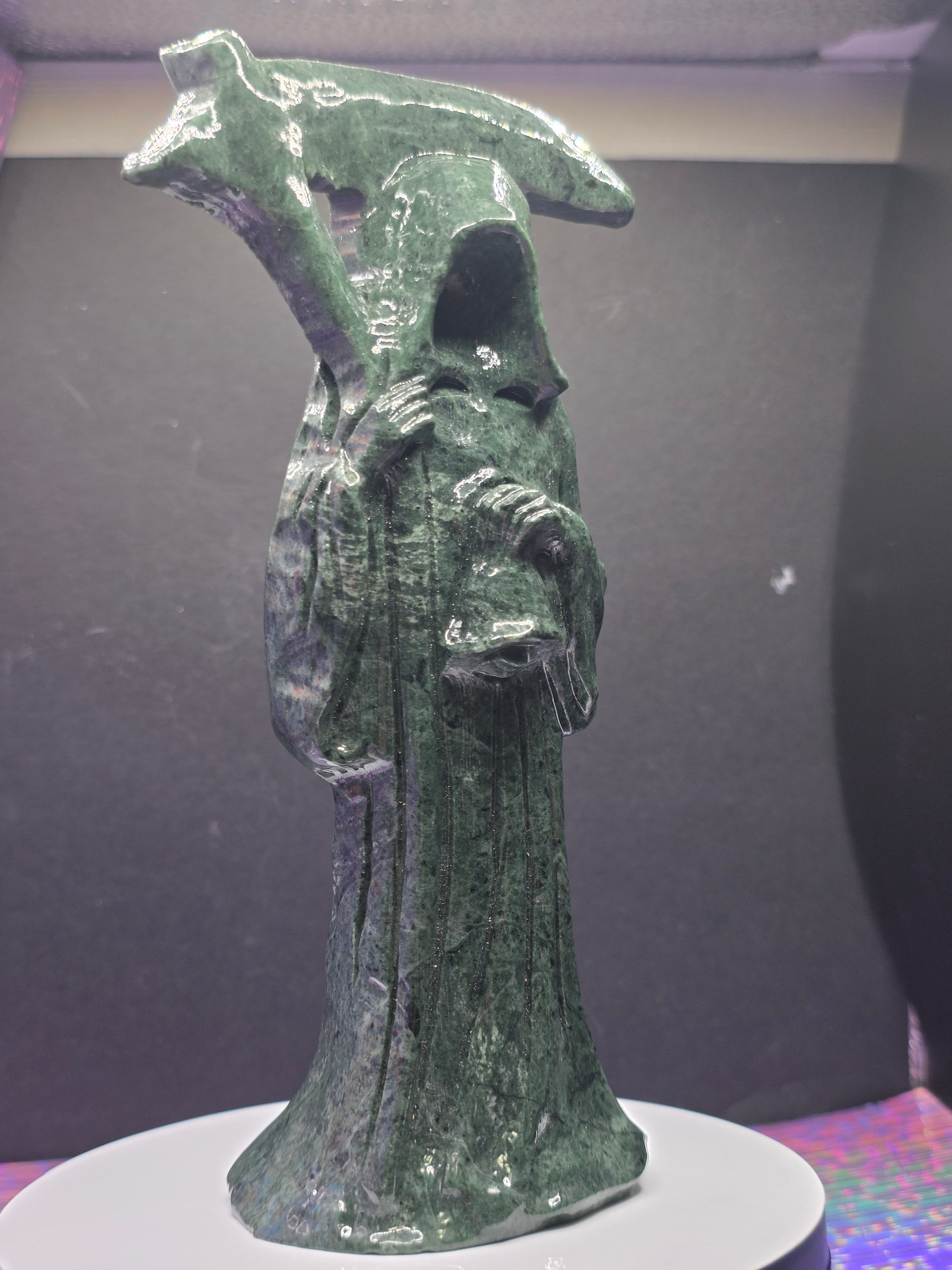 Tall Green Nephrite Jade Grim Reaper with Scythe