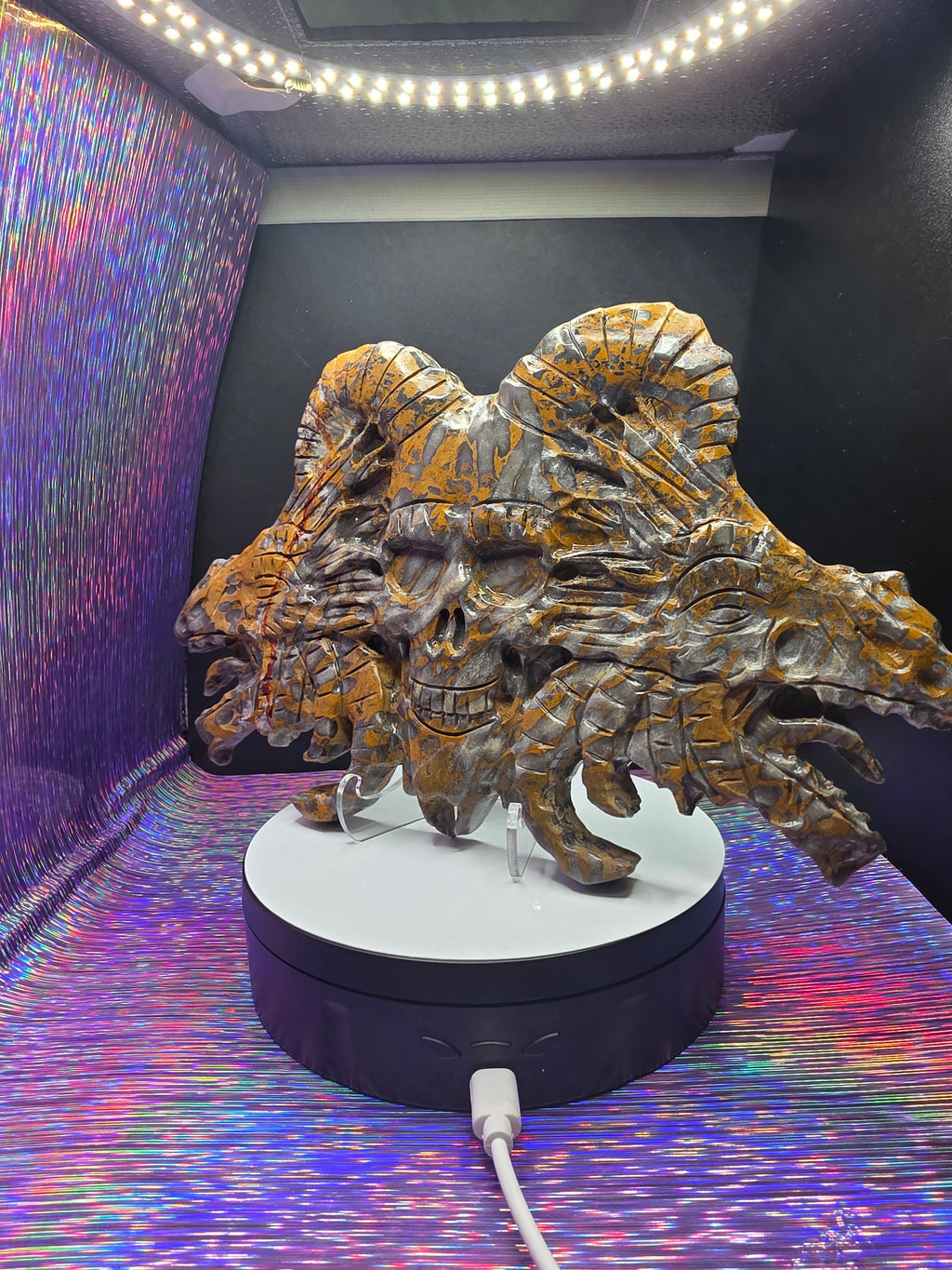 Leopard Skin Jasper Skull with Dragon Carving