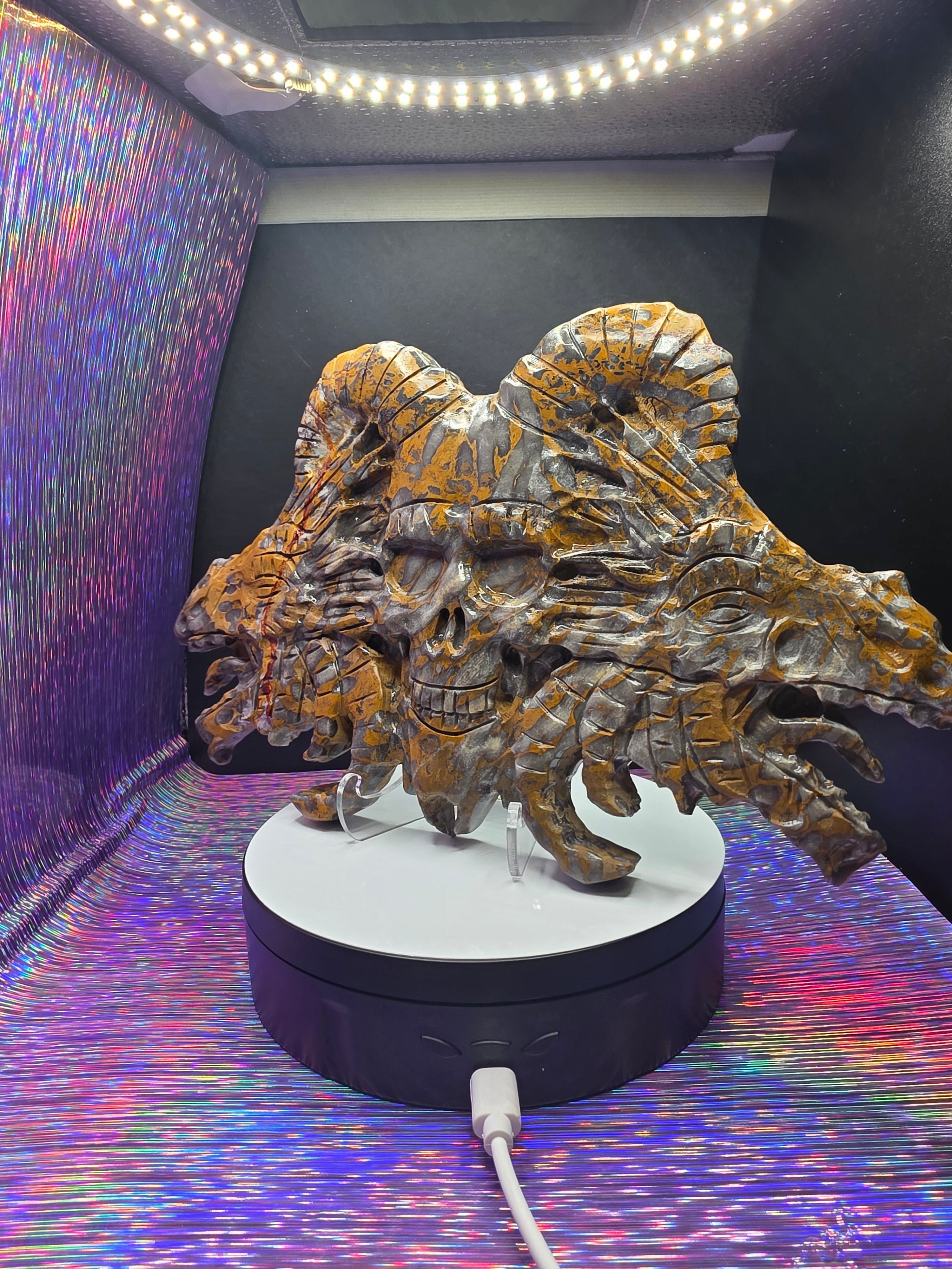 Leopard Skin Jasper Skull with Dragon Carving
