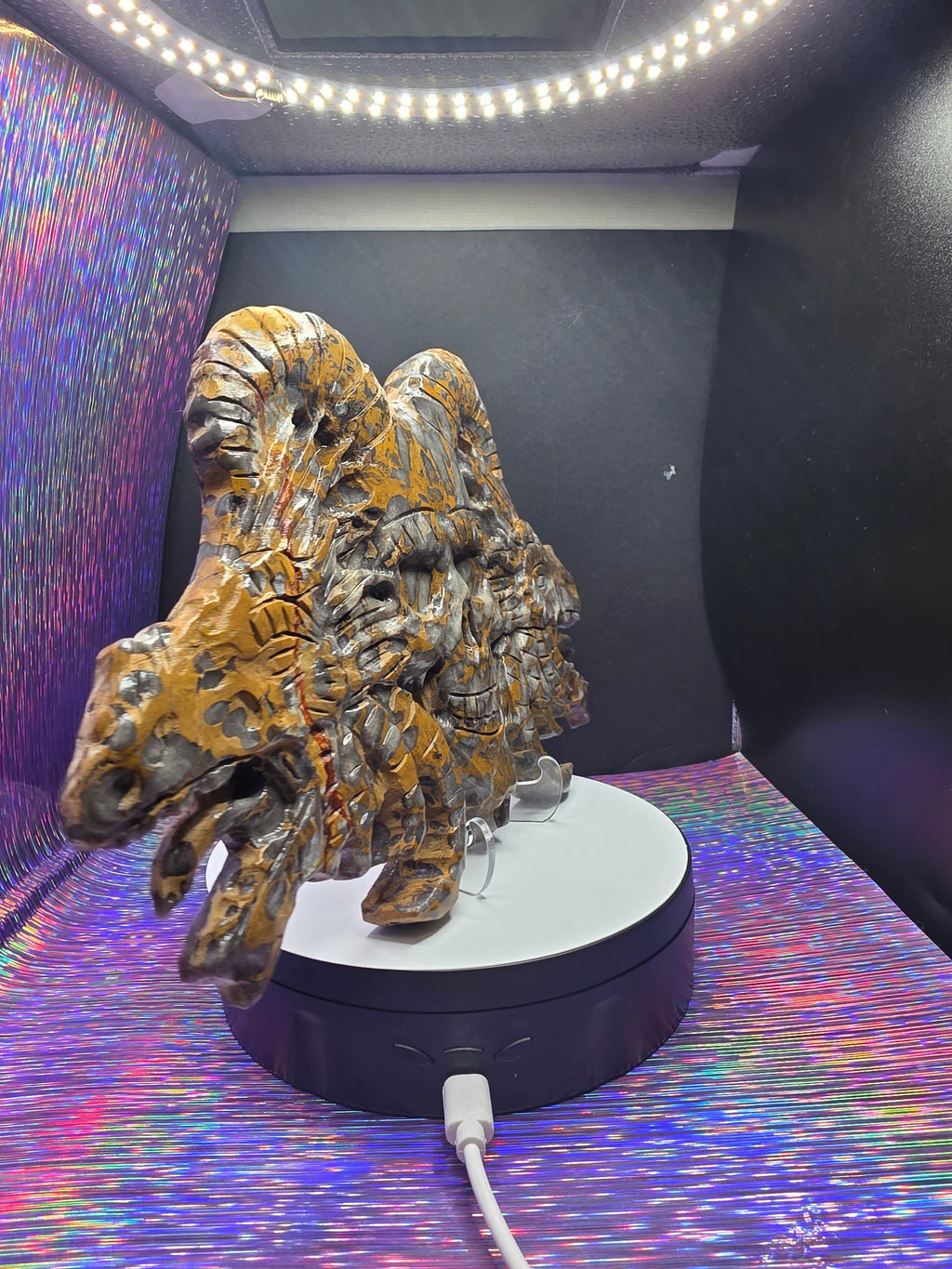 Leopard Skin Jasper Skull with Dragon Carving