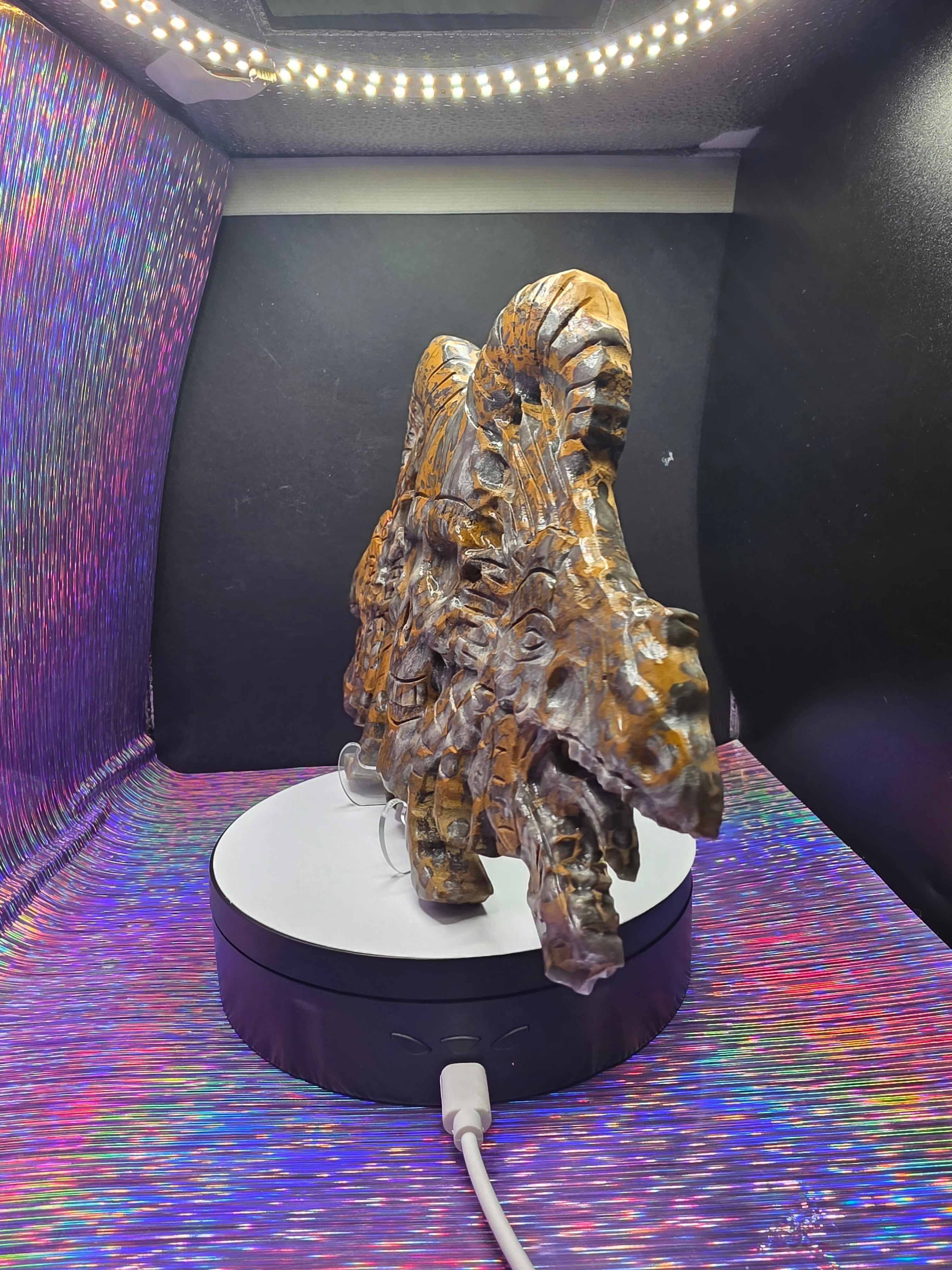 Leopard Skin Jasper Skull with Dragon Carving