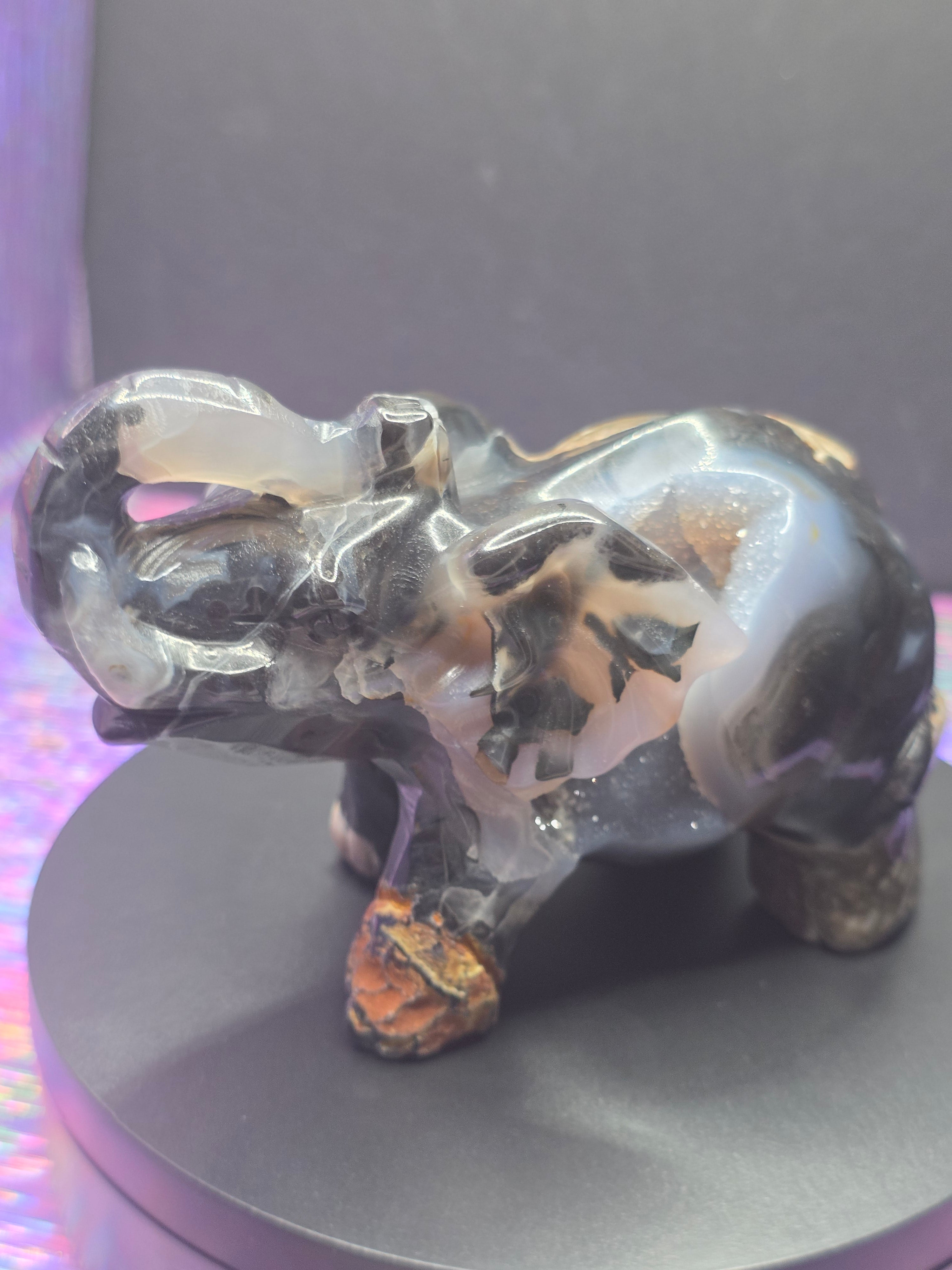 Volcano Agate Druzy Elephant Carving