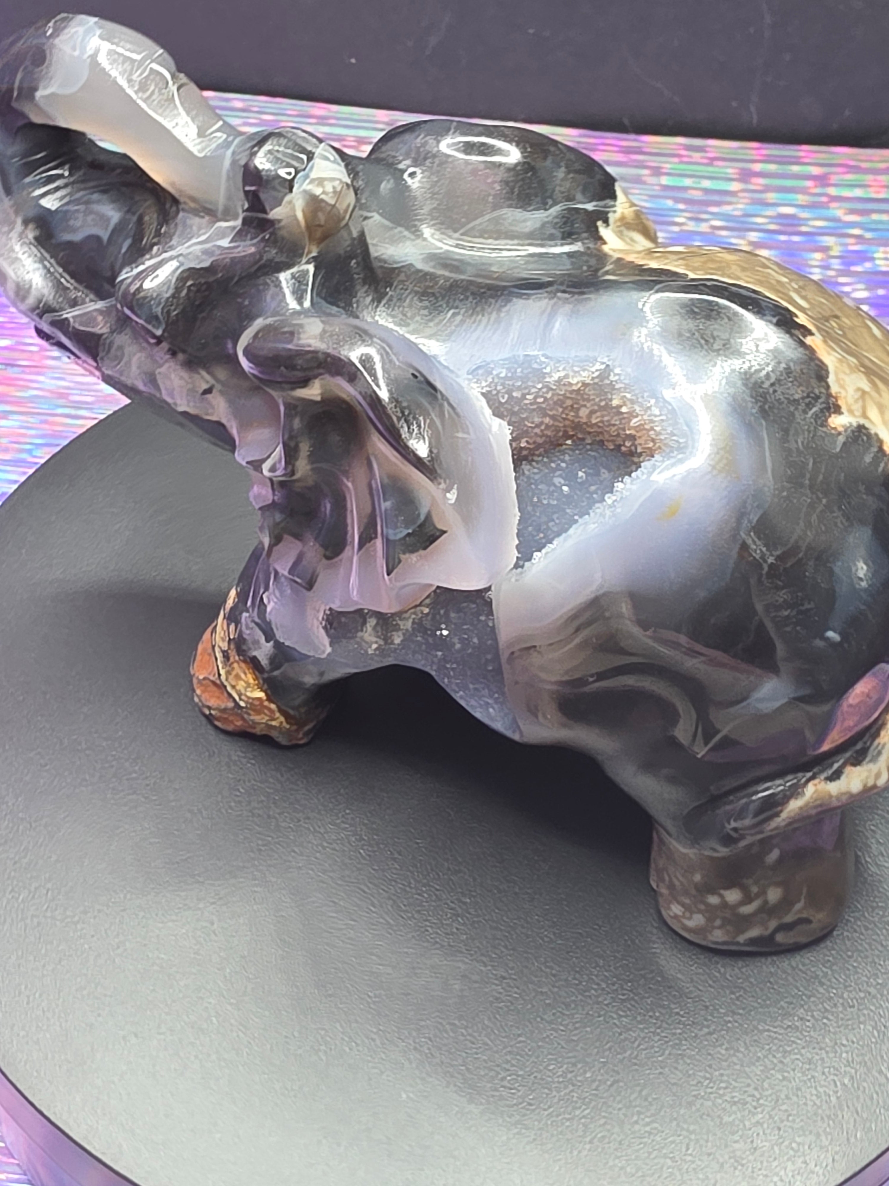 Volcano Agate Druzy Elephant Carving