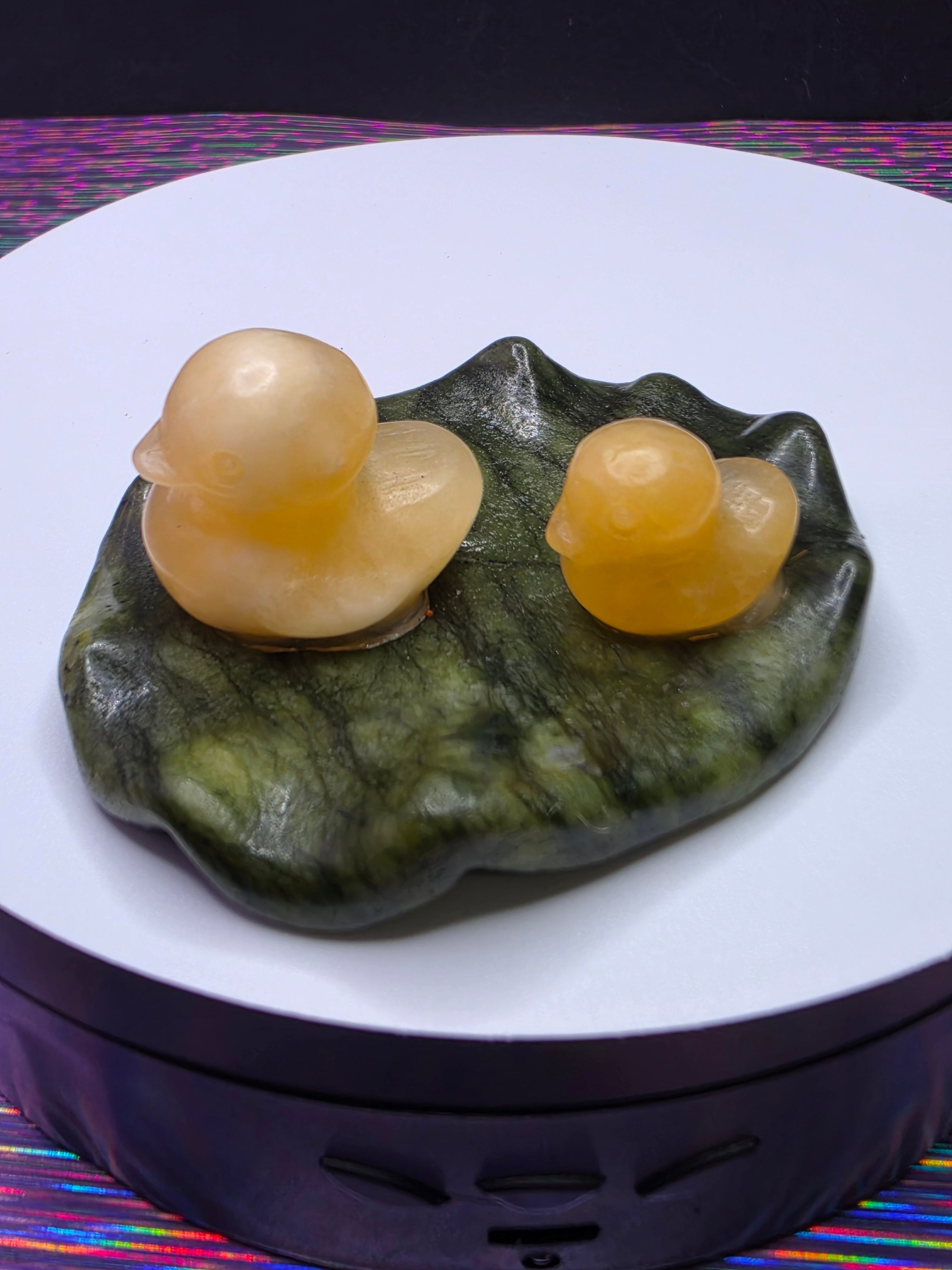 Calcite Ducks on a Nephrite Jade Lily pad