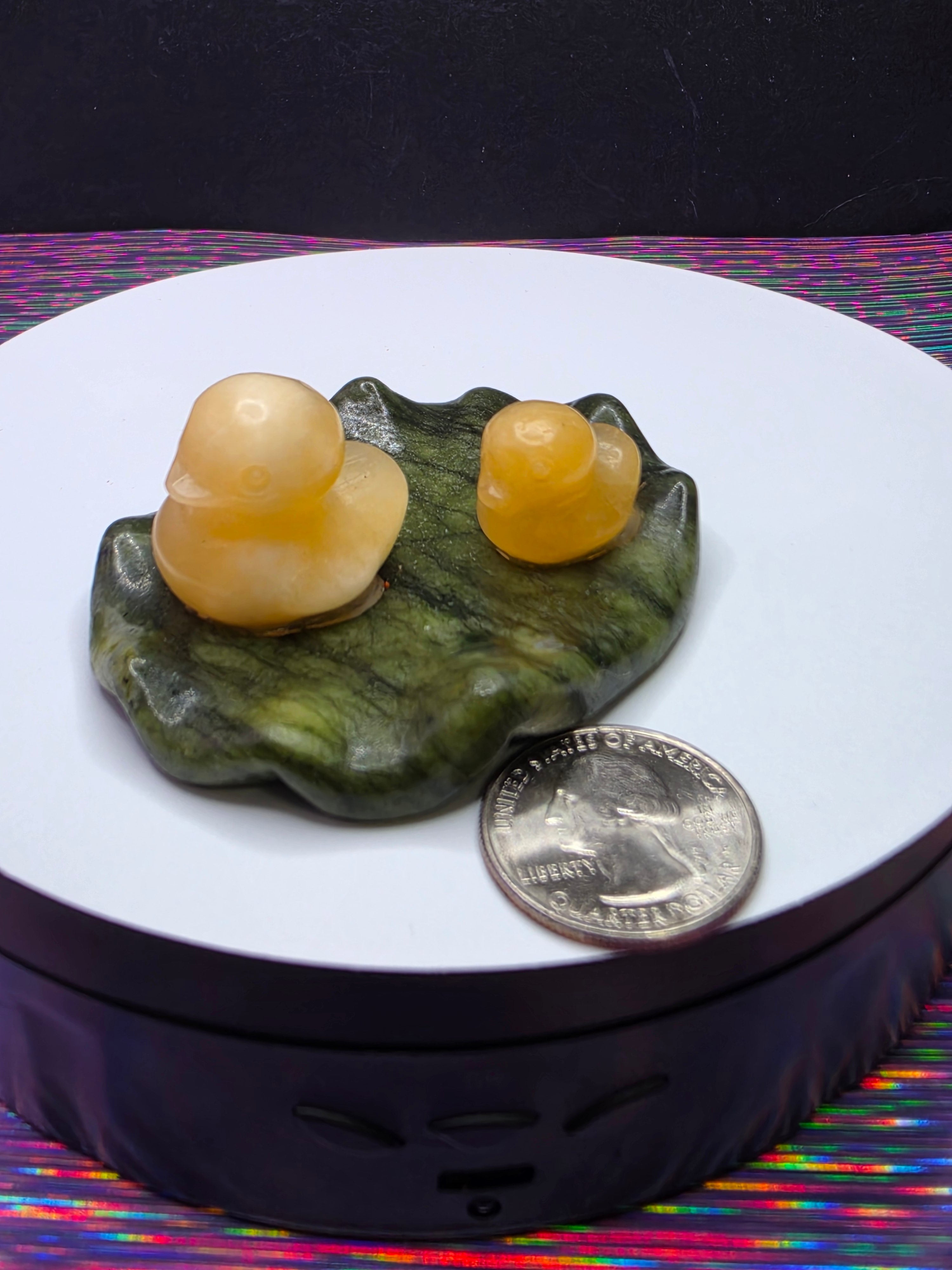 Calcite Ducks on a Nephrite Jade Lily pad